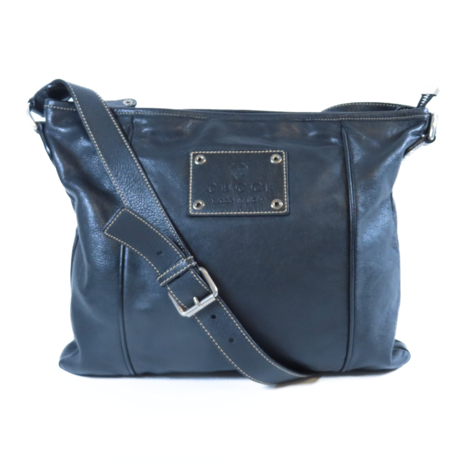 GUCCI 牛皮皮革Shoulder Bag銀扣肩背袋黑色