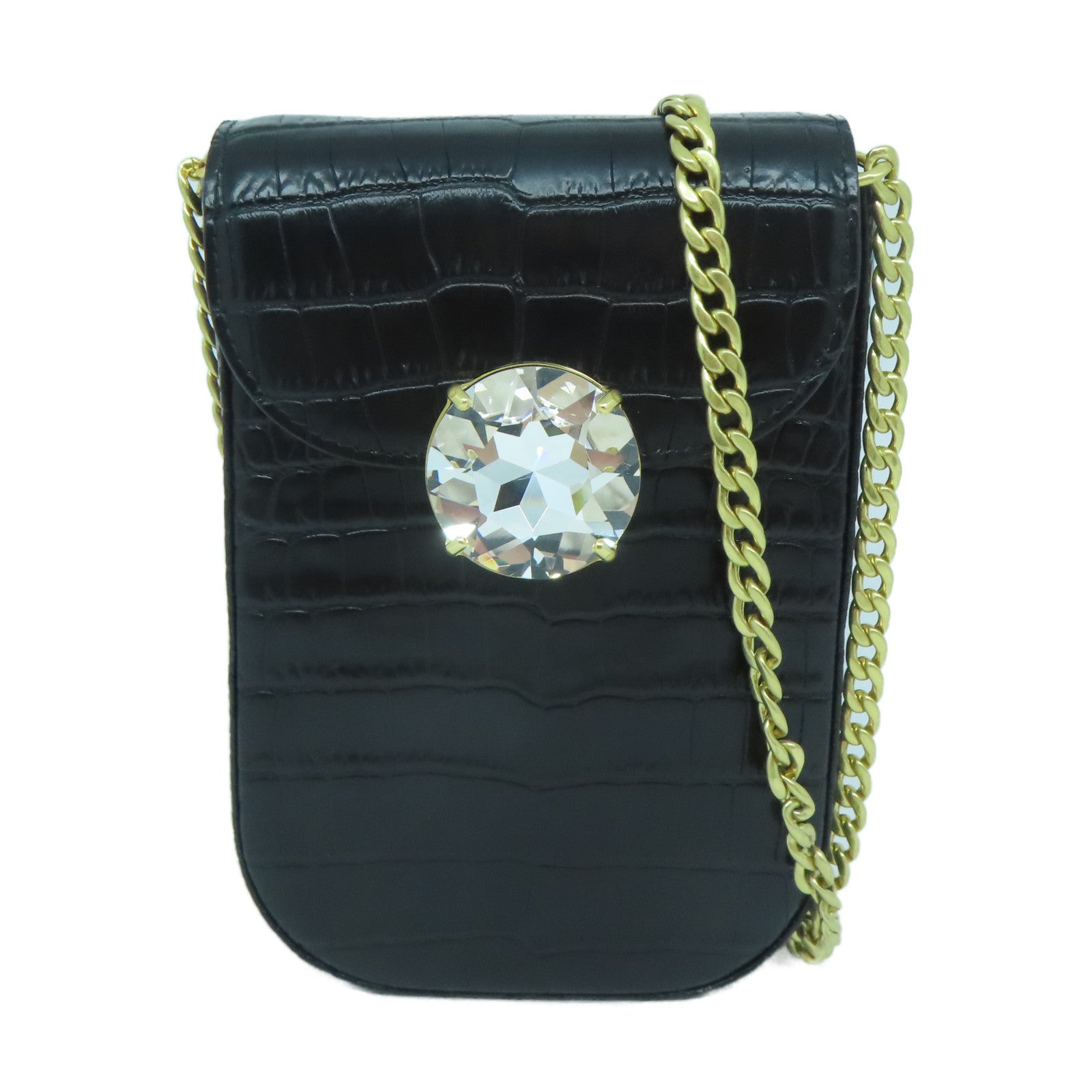 Miu Miu 牛皮皮革Chain Shoulder金扣鏈帶肩背袋黑色