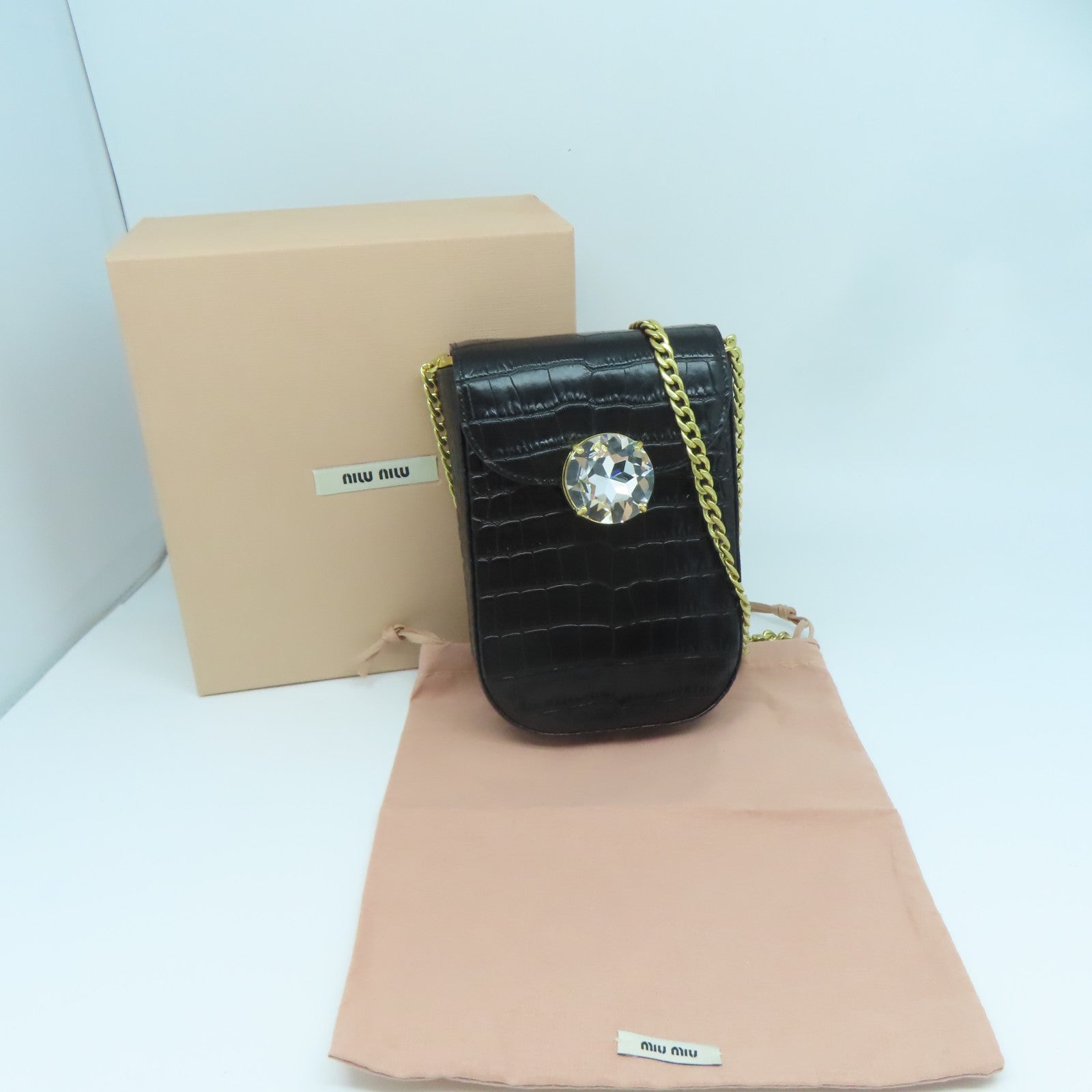 Miu Miu 牛皮皮革Chain Shoulder金扣鏈帶肩背袋黑色