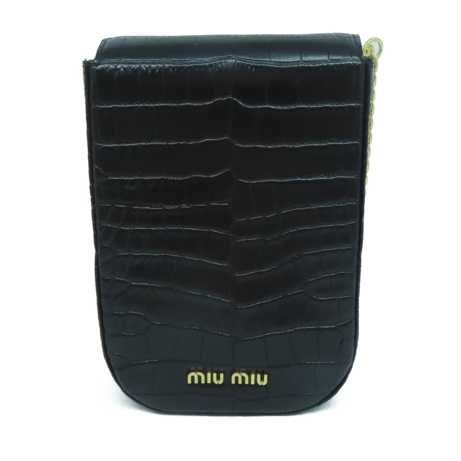 Miu Miu 牛皮皮革Chain Shoulder金扣鏈帶肩背袋黑色