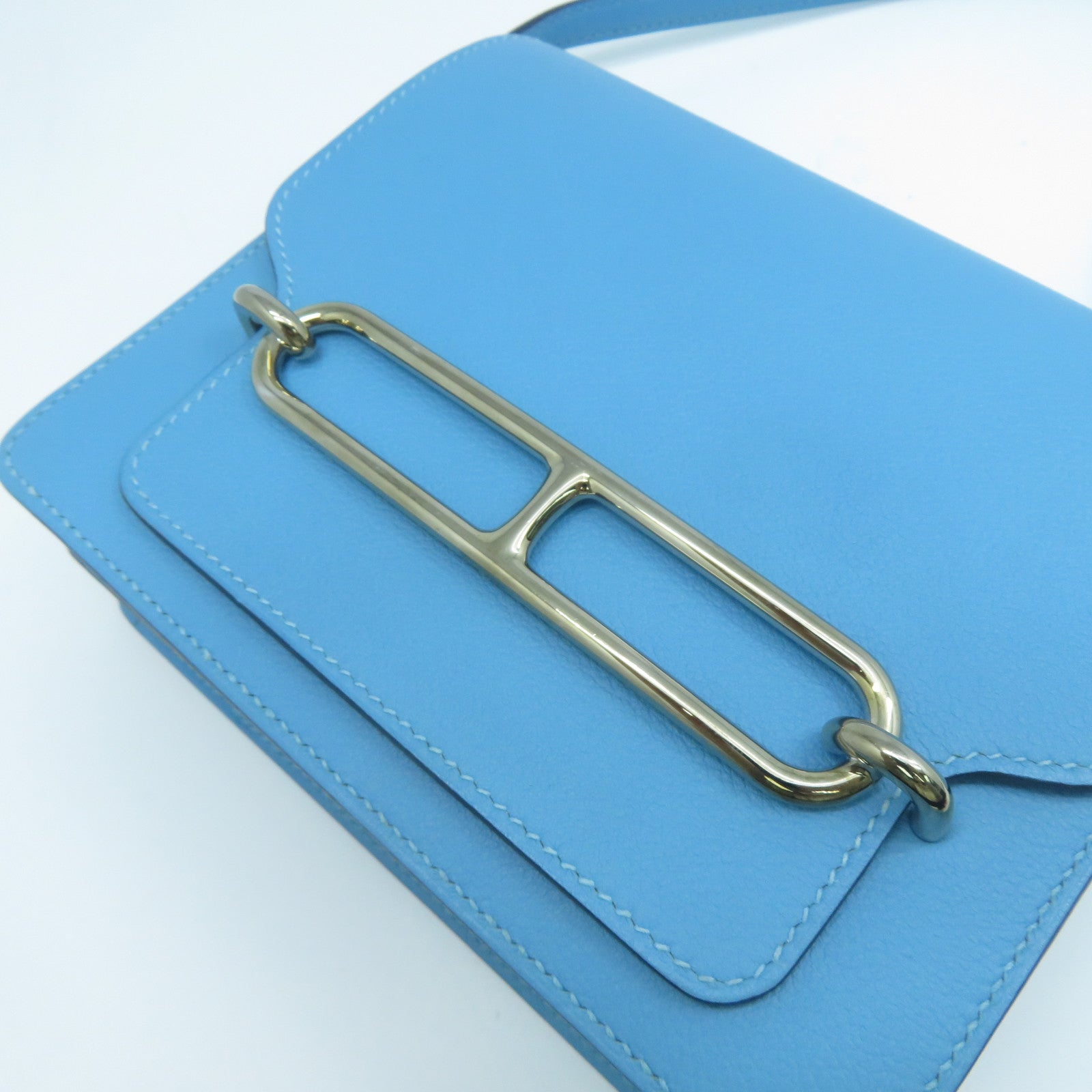 HERMES Evercolor皮革Mini Roulis銀扣肩背袋Bleu Du Nord北方藍色