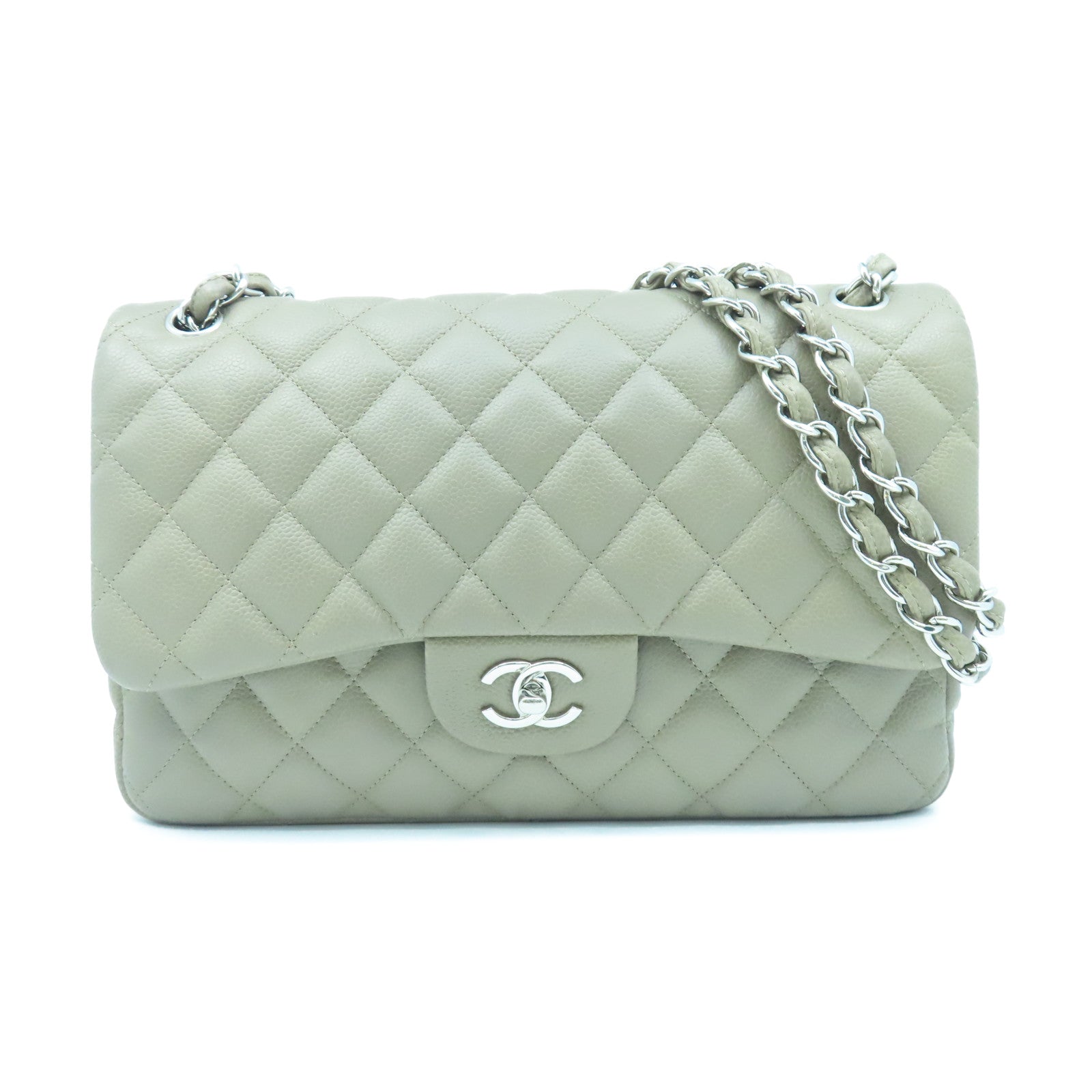 CHANEL 牛皮皮革Classic Jumbo Double Flat銀扣肩背袋淺褐色