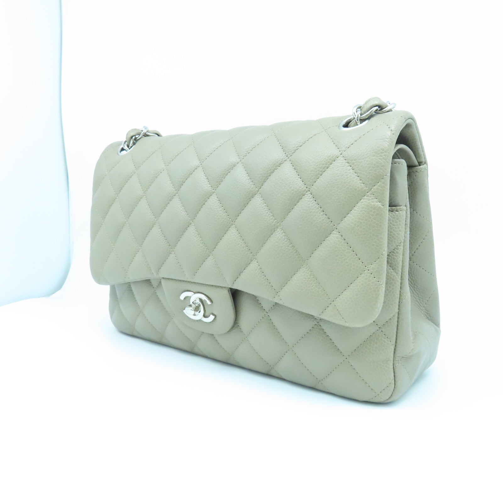 CHANEL 牛皮皮革Classic Jumbo Double Flat銀扣肩背袋淺褐色