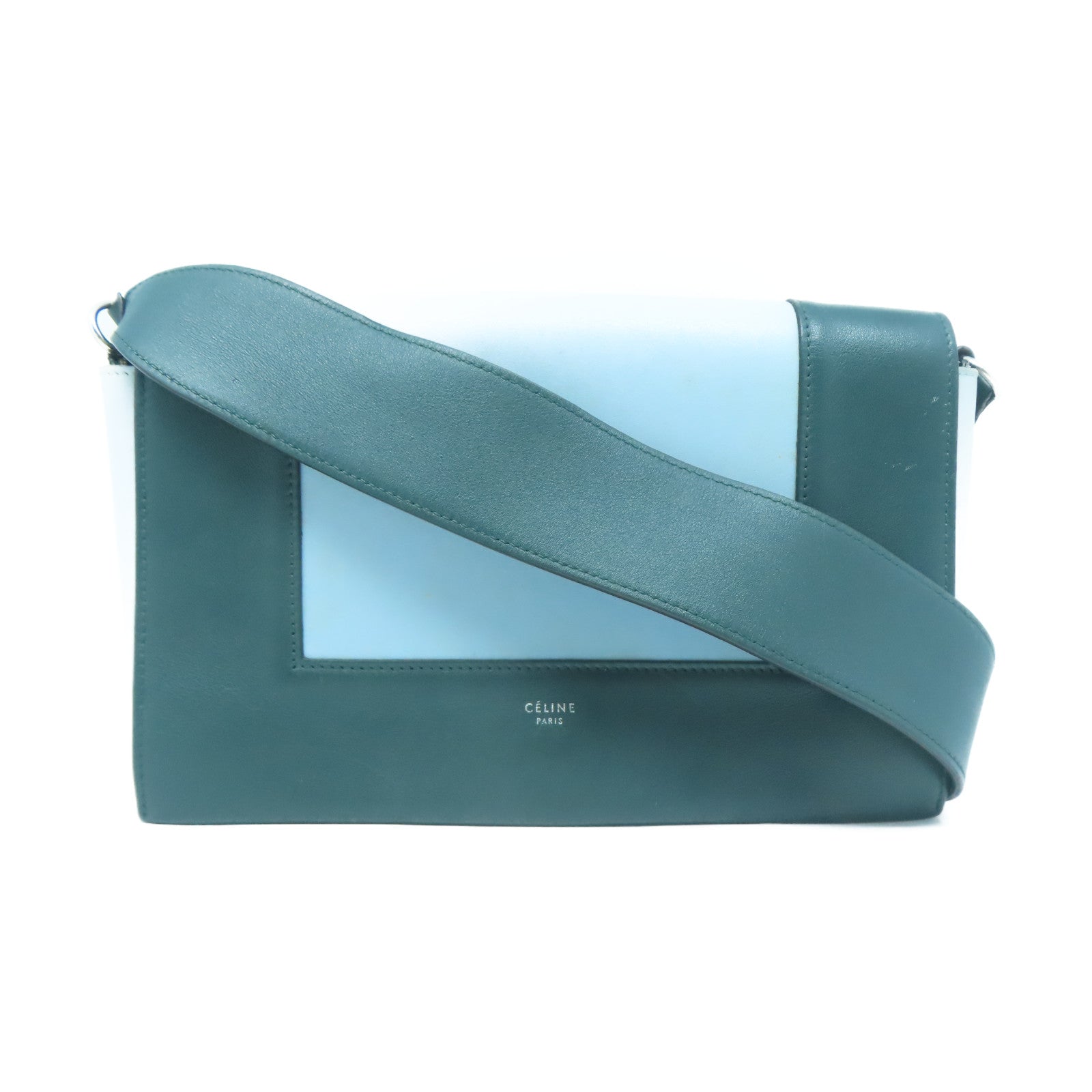 CELINE 牛皮皮革Chain Shoulder銀扣肩背袋綠色/藍色