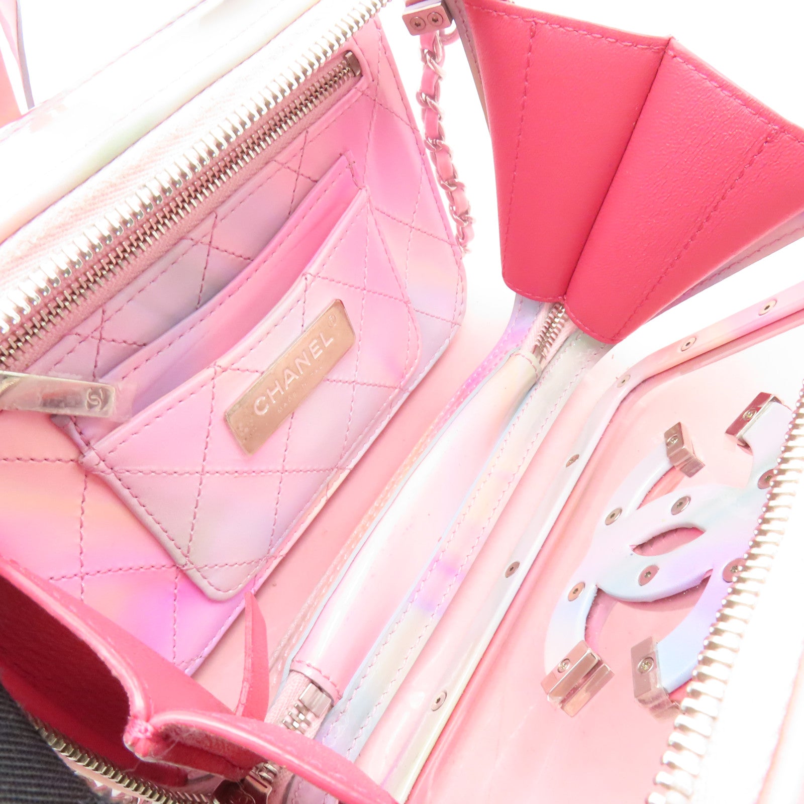 CHANEL PVC Vanity Case銀扣鏈帶手挽肩背兩用袋粉紅色