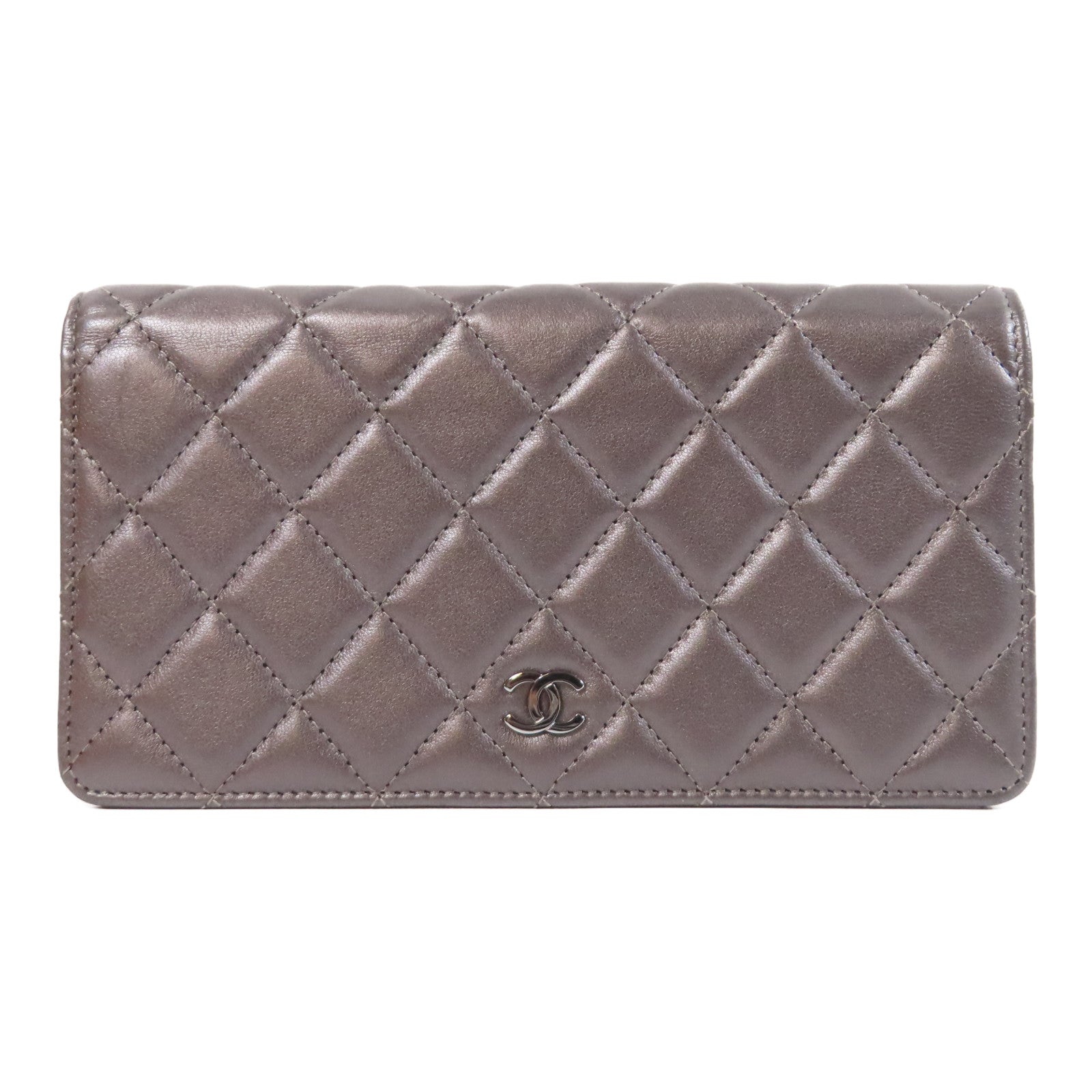 CHANEL 菱格羊皮皮革Long Wallet銀扣長錢包灰色