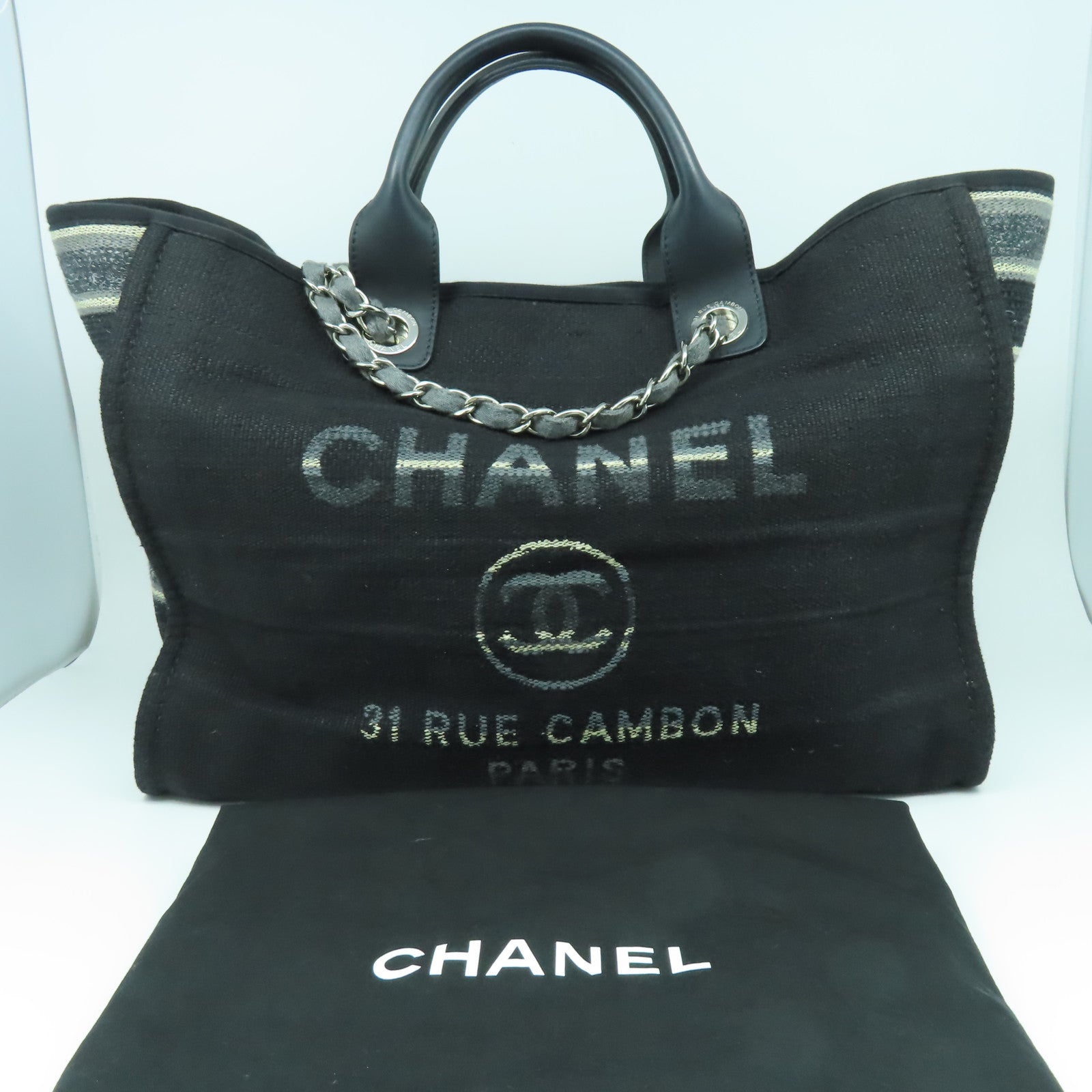 CHANEL 帆布Deanville Tote銀扣手挽肩背兩用袋黑色/灰色