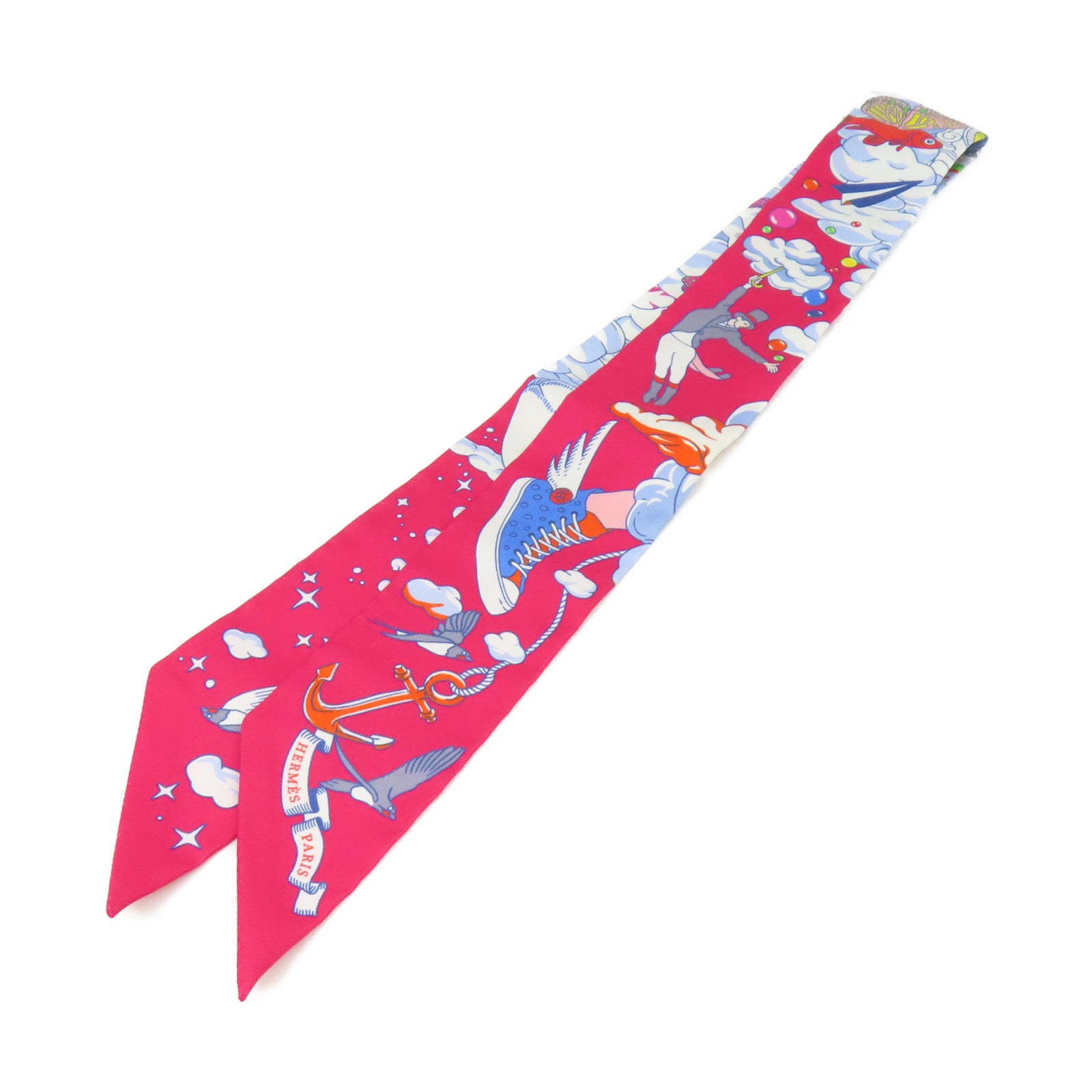 HERMES 絲質Twilly Scarf絲巾酒紅色/彩色