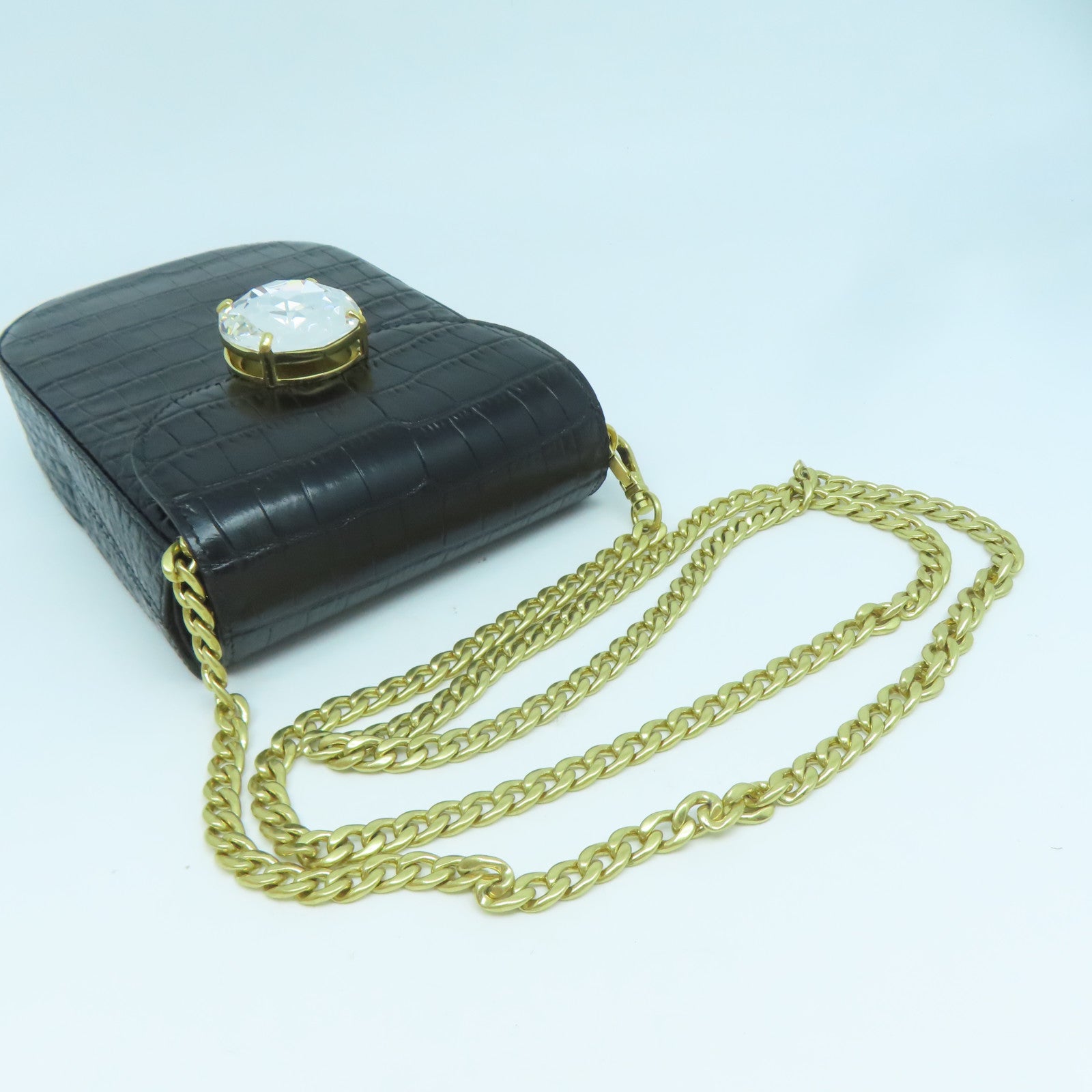 Miu Miu 牛皮皮革Chain Shoulder金扣鏈帶肩背袋黑色