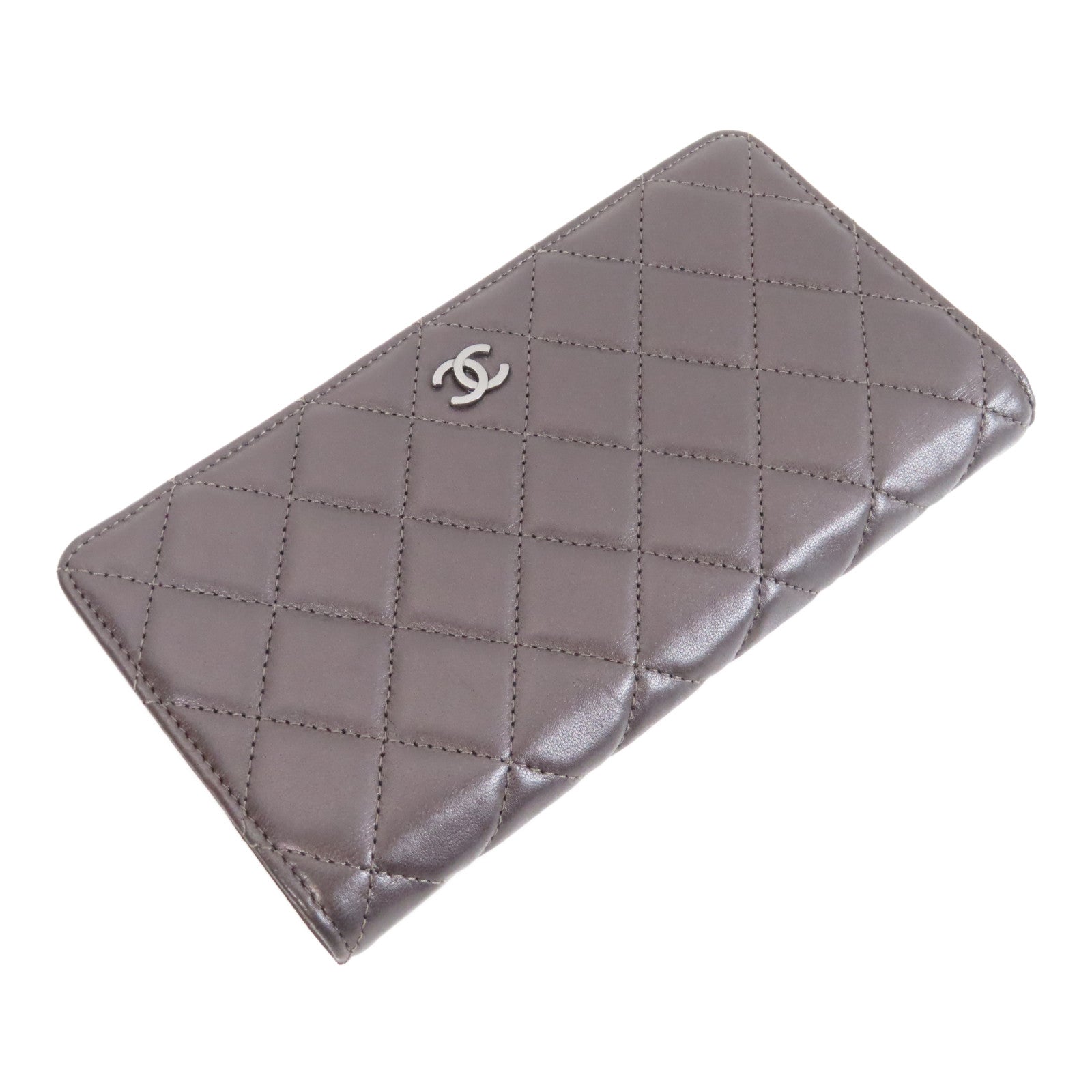 CHANEL 菱格羊皮皮革Long Wallet銀扣長錢包灰色