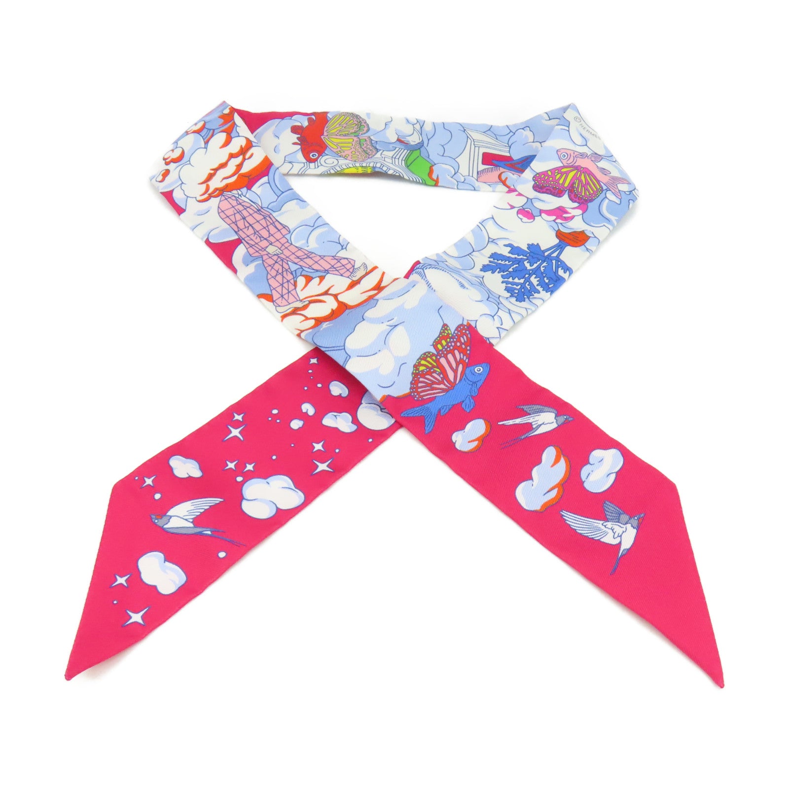HERMES 絲質Twilly Scarf絲巾酒紅色/彩色