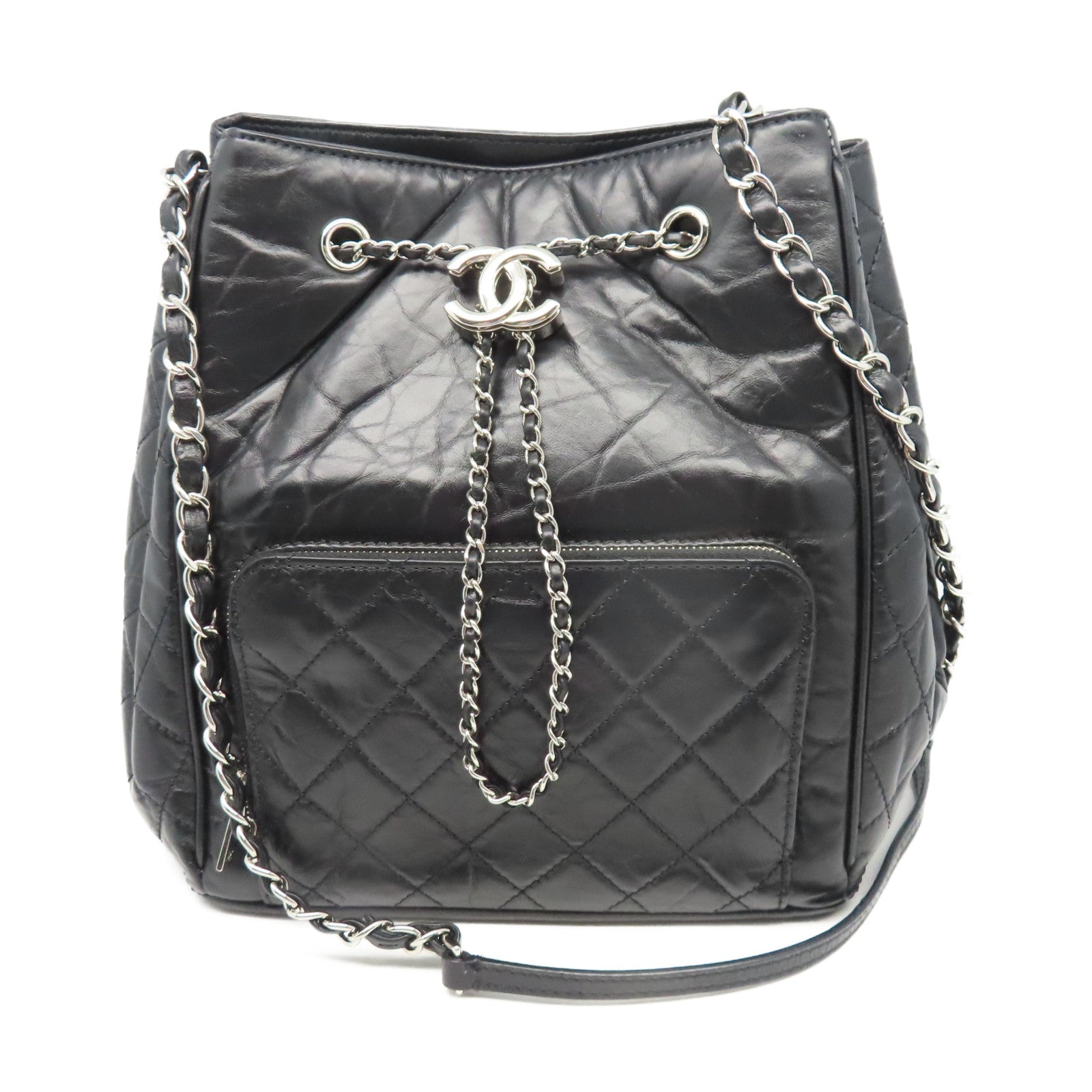 CHANEL 菱格牛皮皮革Chain Shoulder銀扣鏈帶肩背袋黑色
