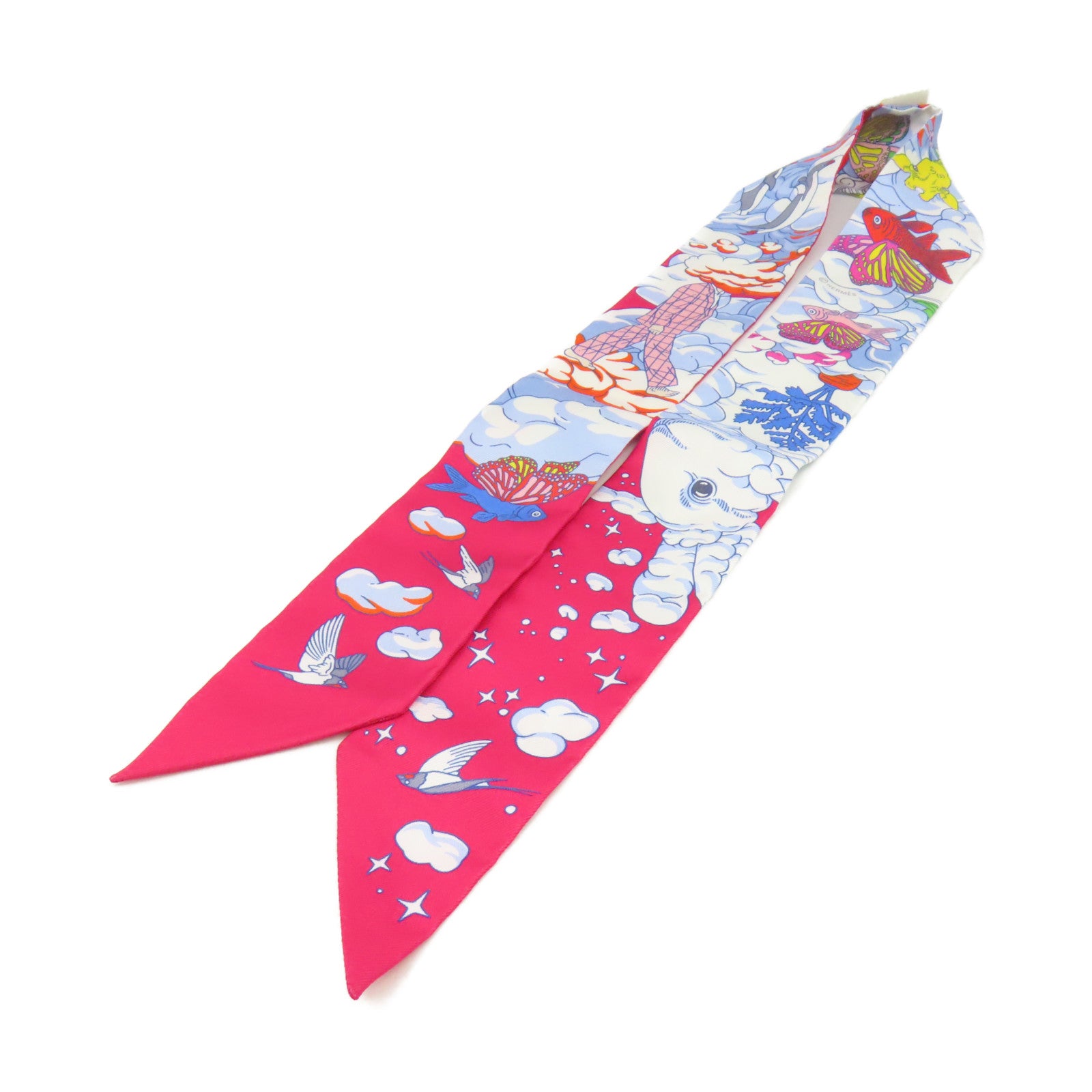 HERMES 絲質Twilly Scarf絲巾酒紅色/彩色