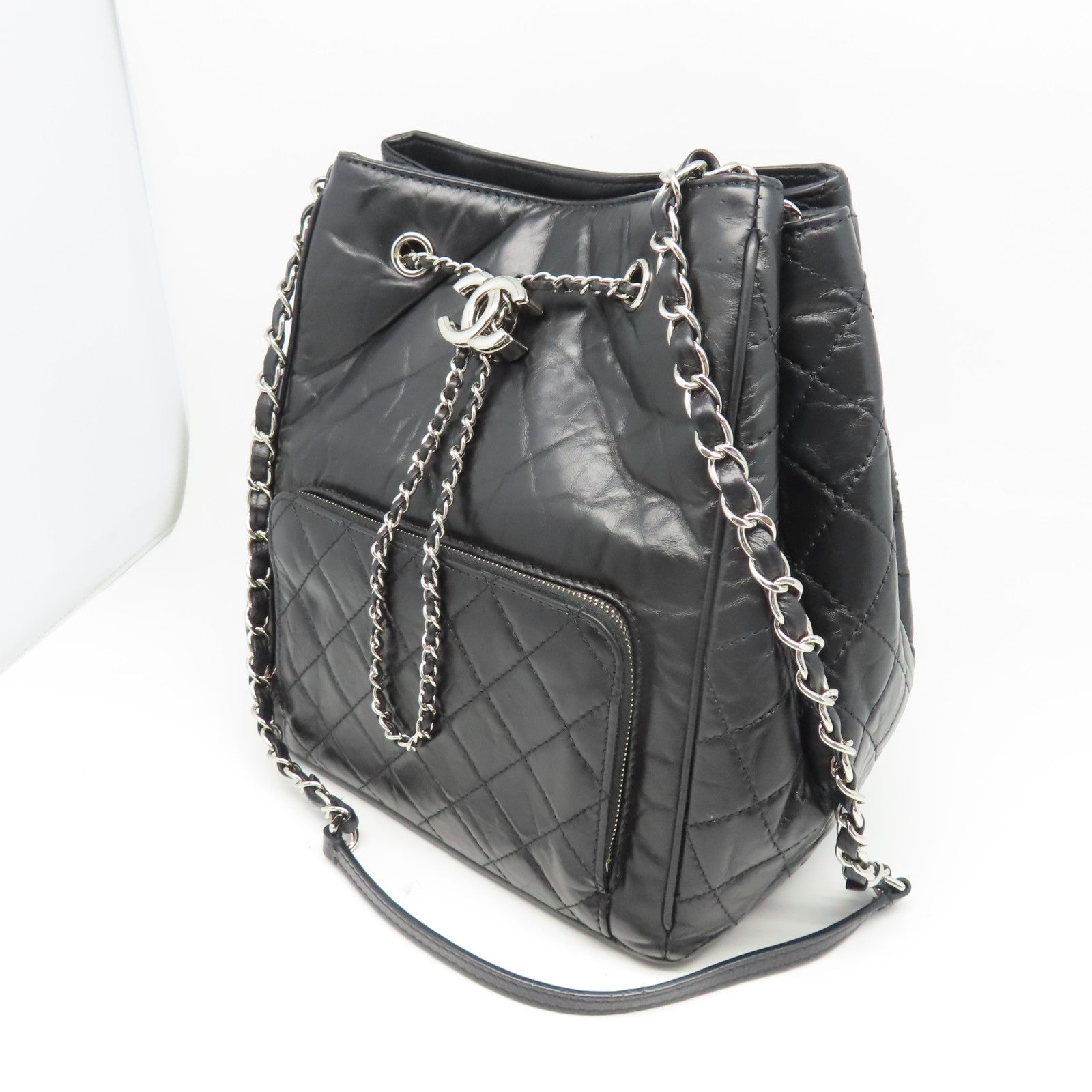 CHANEL 菱格牛皮皮革Chain Shoulder銀扣鏈帶肩背袋黑色