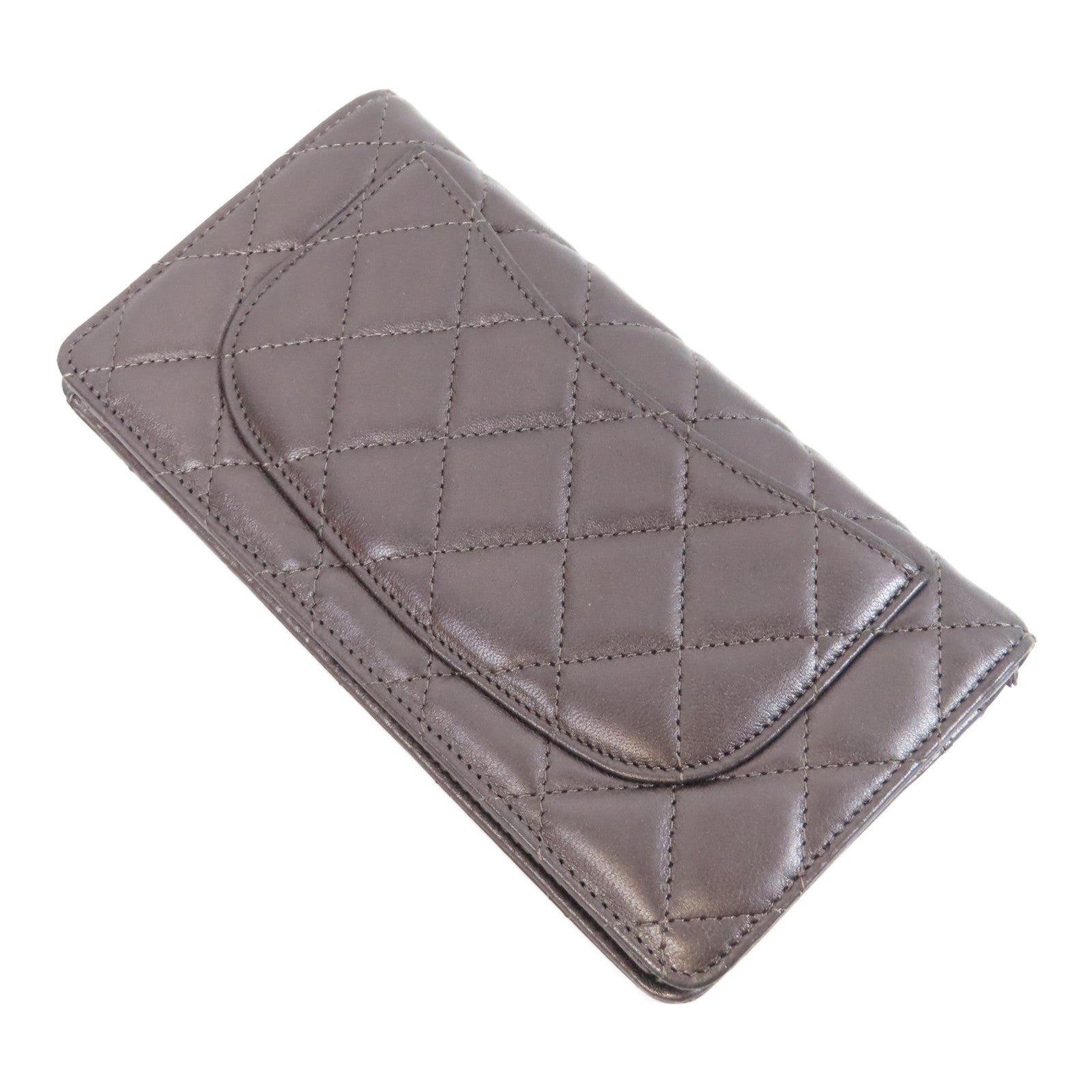CHANEL 菱格羊皮皮革Long Wallet銀扣長錢包灰色