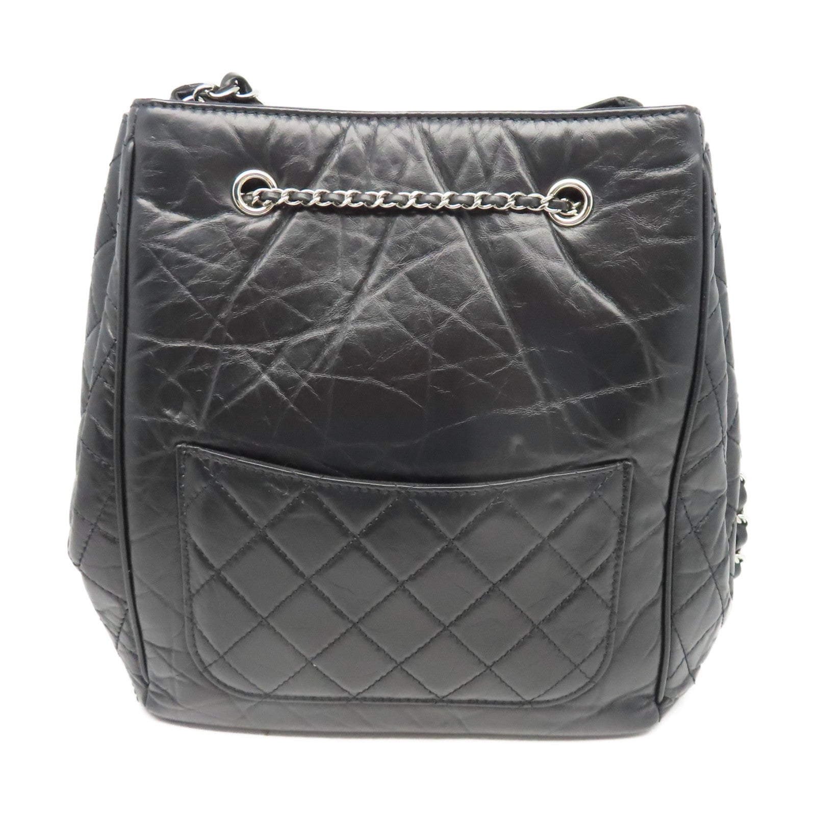 CHANEL 菱格牛皮皮革Chain Shoulder銀扣鏈帶肩背袋黑色