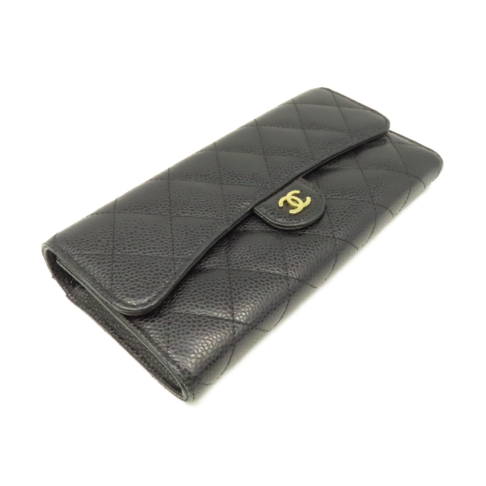 CHANEL 菱格Caviar皮革Long Wallet金扣長錢包黑色