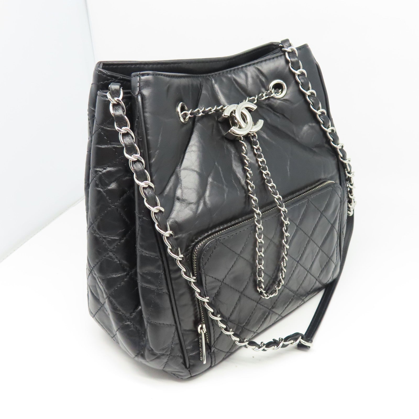 CHANEL 菱格牛皮皮革Chain Shoulder銀扣鏈帶肩背袋黑色