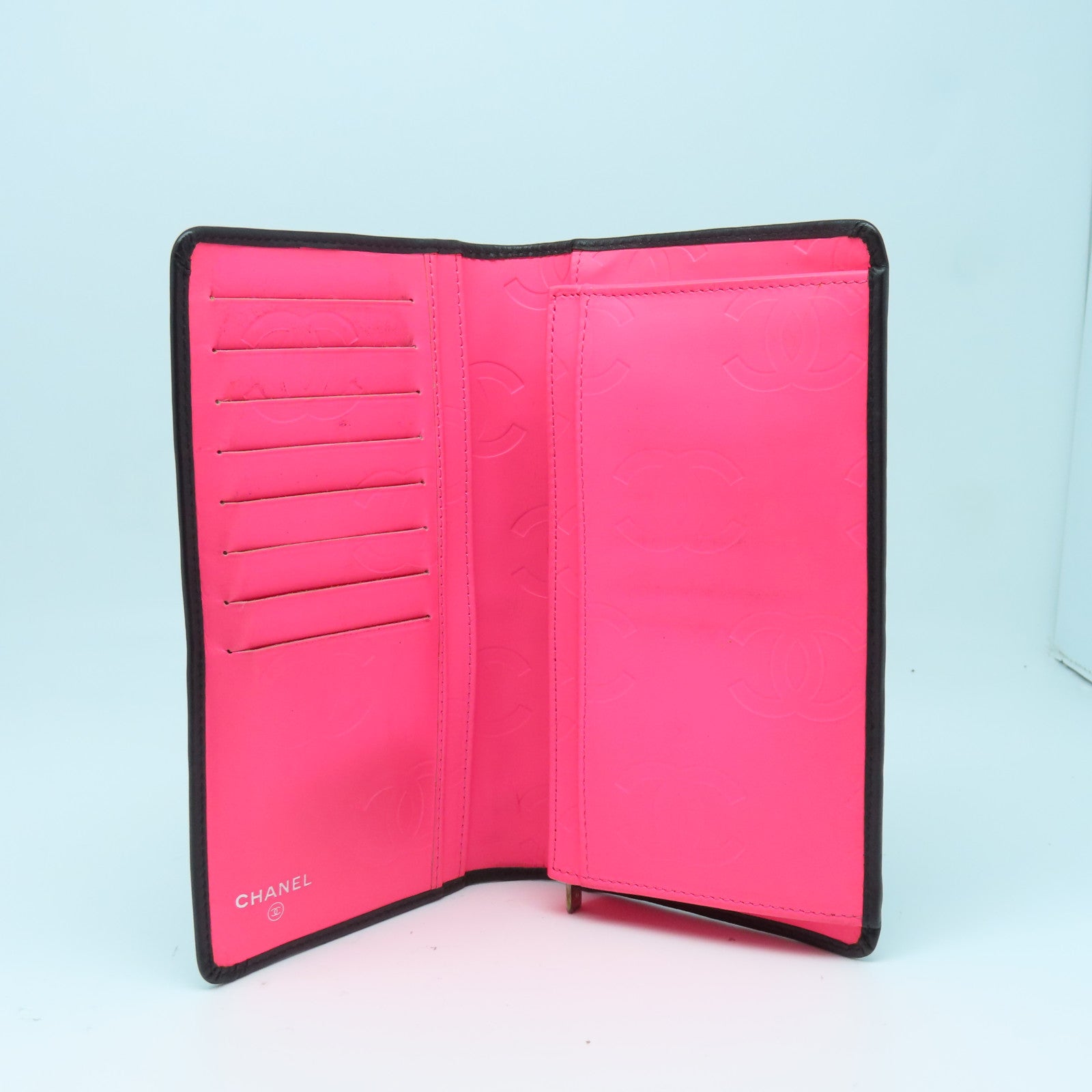 CHANEL 牛皮皮革Cambon Line Wallet长钱包黑色/粉红色