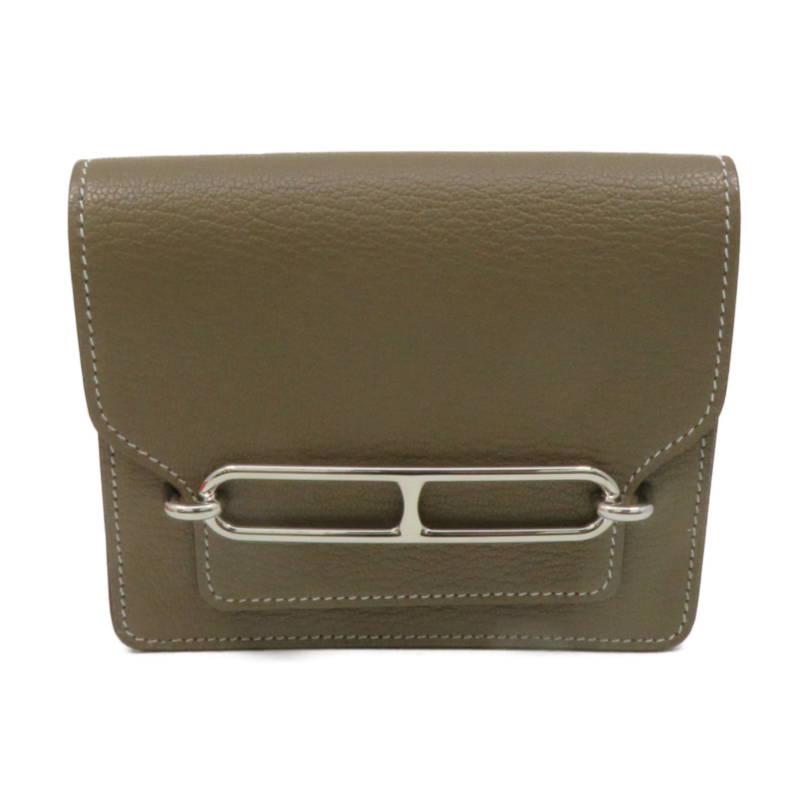 HERMES Chevre皮革Roulis Slim银扣钱包Etoupe大象灰色