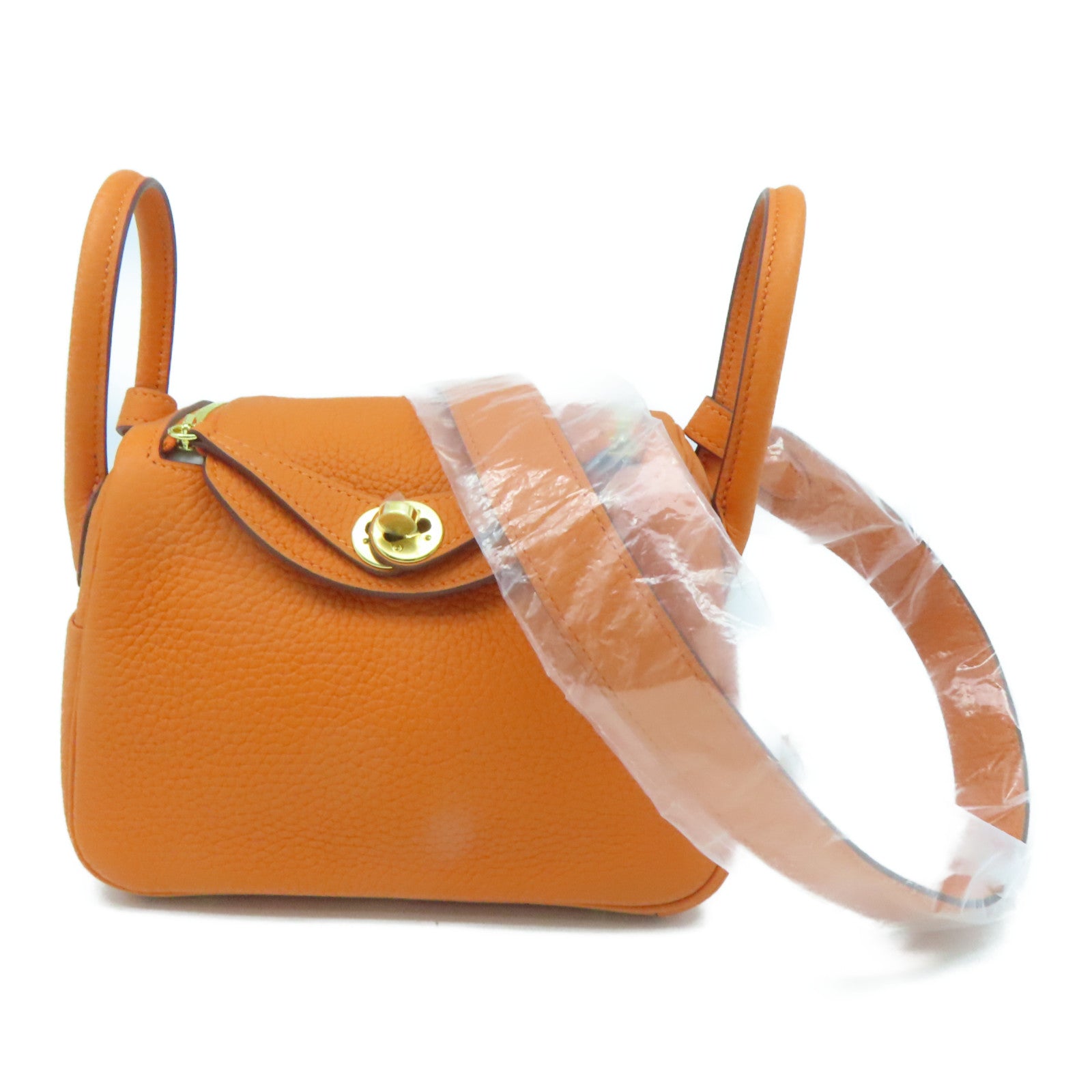 HERMES Clemence皮革Mini Lindy金扣手挽肩背兩用袋經典橘