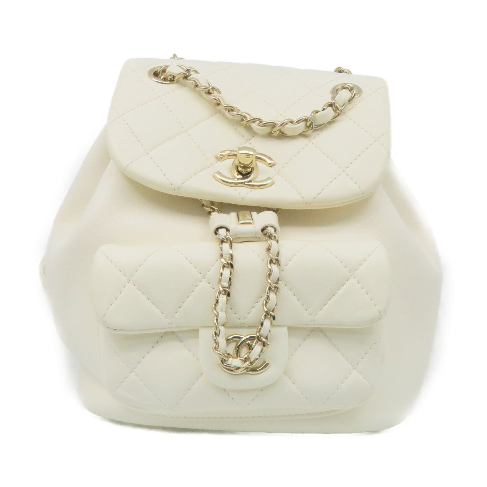 CHANEL菱格牛皮皮革Backpack金扣链带背包米白色
