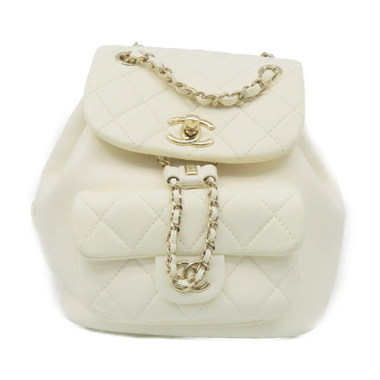 CHANEL 菱格牛皮皮革Backpack金扣鏈帶背包米白色