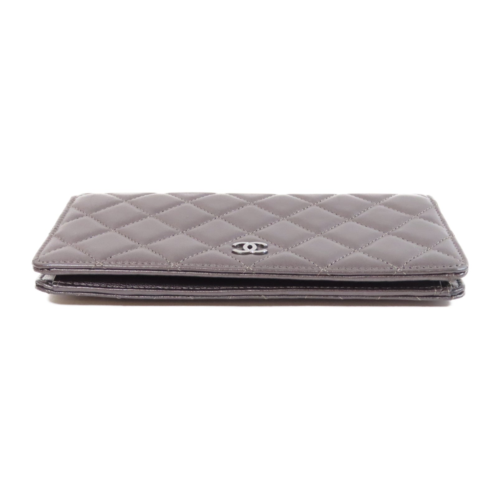 CHANEL 菱格羊皮皮革Long Wallet銀扣長錢包灰色