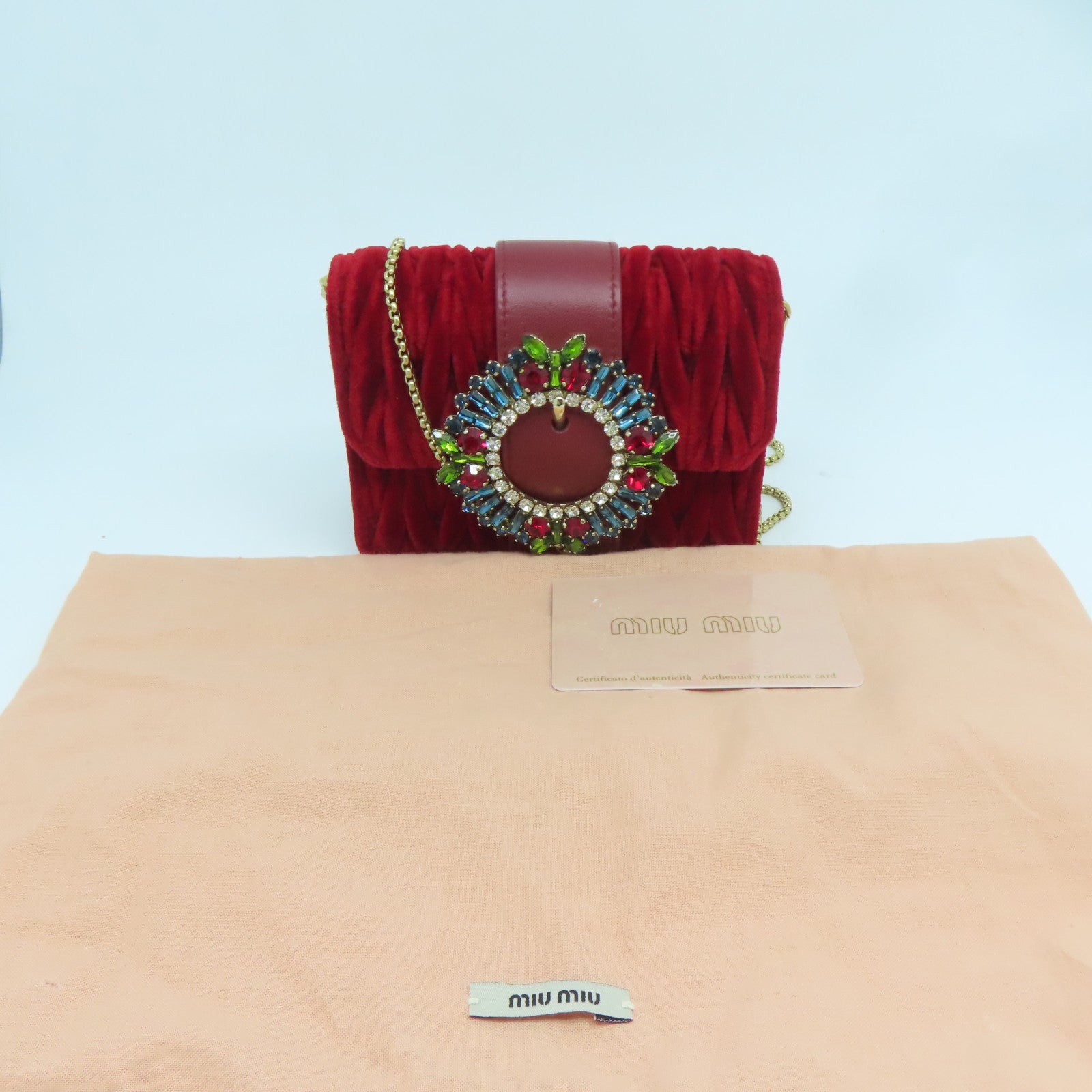 Miu Miu 天鵝絨Chain Shoulder金扣鏈帶肩背袋紅色