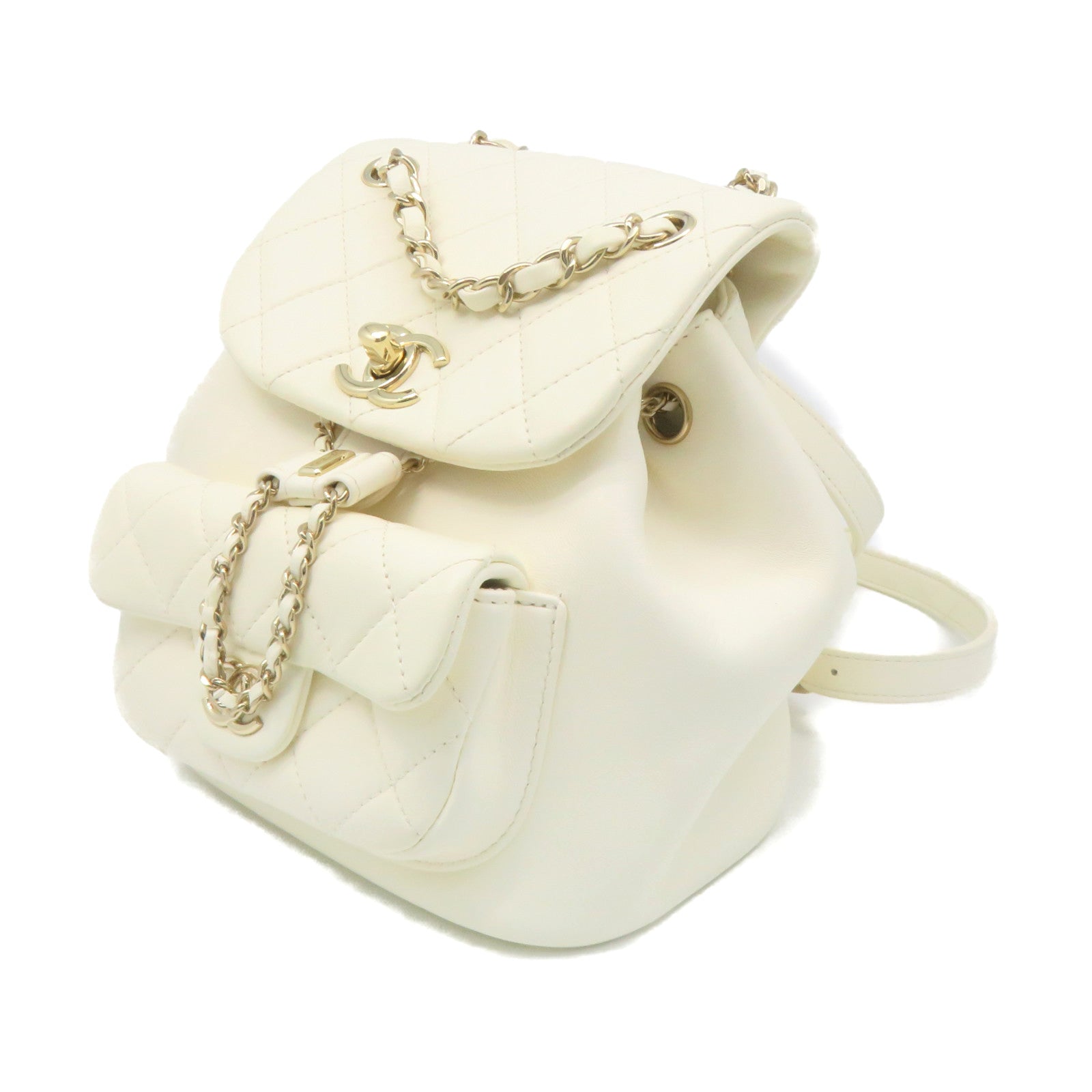 CHANEL菱格牛皮皮革Backpack金扣链带背包米白色