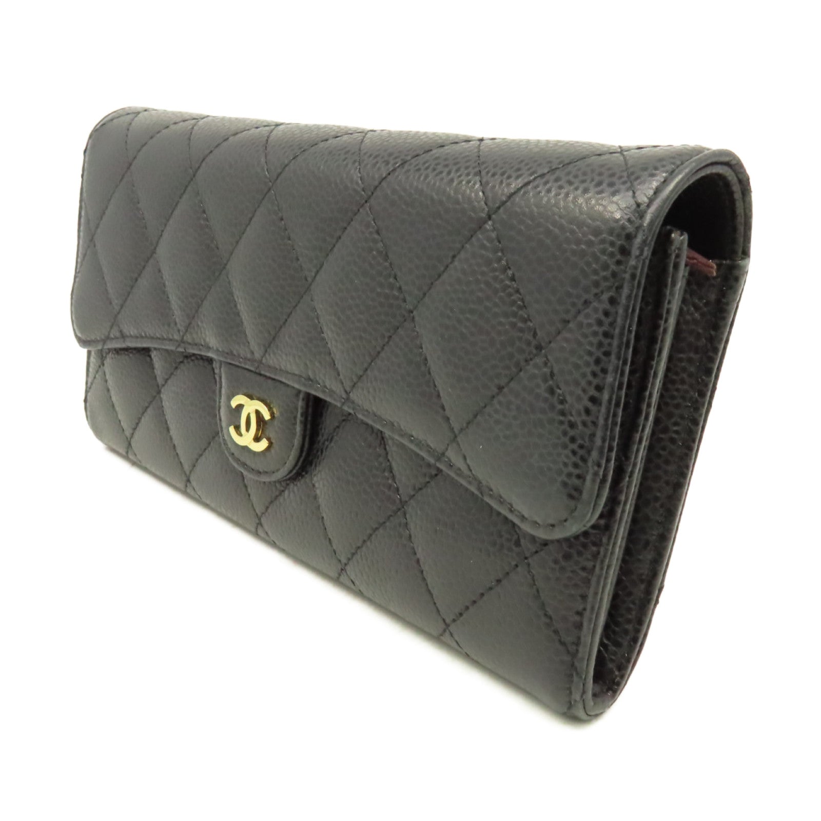 CHANEL 菱格Caviar皮革Long Wallet金扣長錢包黑色
