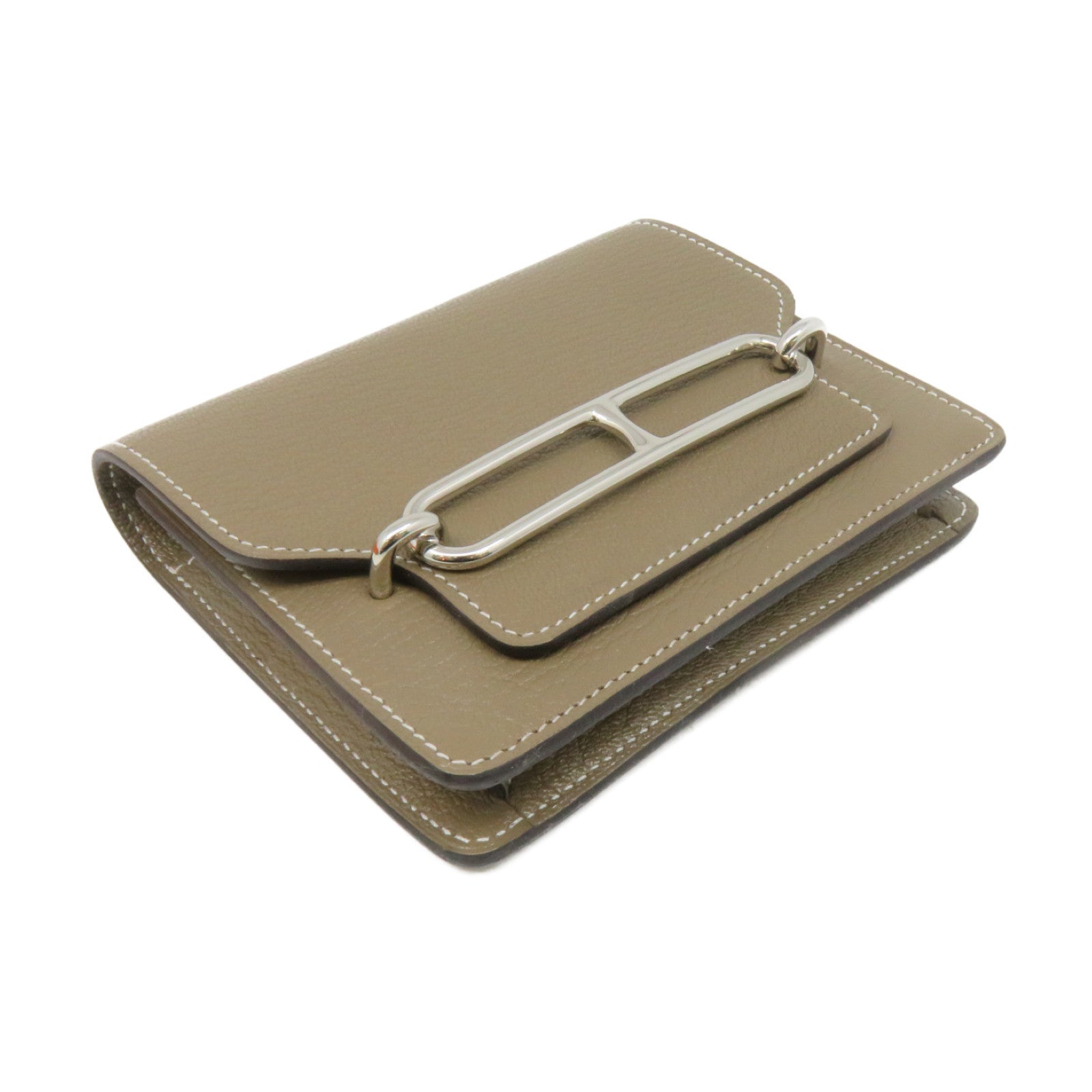 HERMES Chevre皮革Roulis Slim银扣钱包Etoupe大象灰色