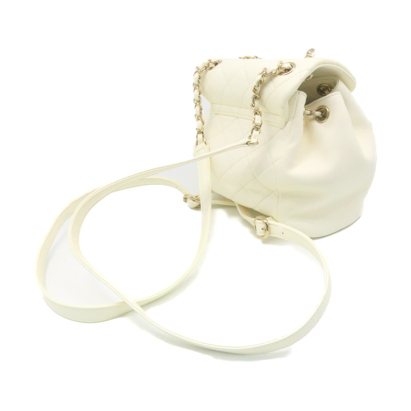 CHANEL菱格牛皮皮革Backpack金扣链带背包米白色