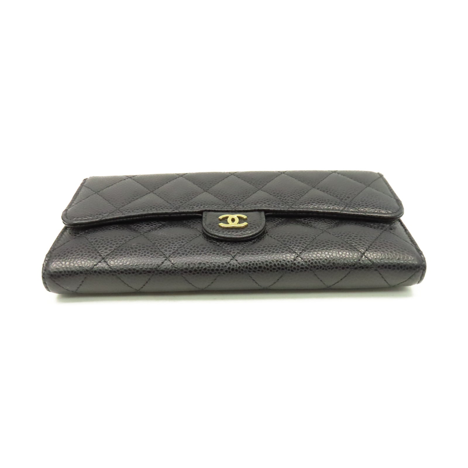 CHANEL 菱格Caviar皮革Long Wallet金扣長錢包黑色