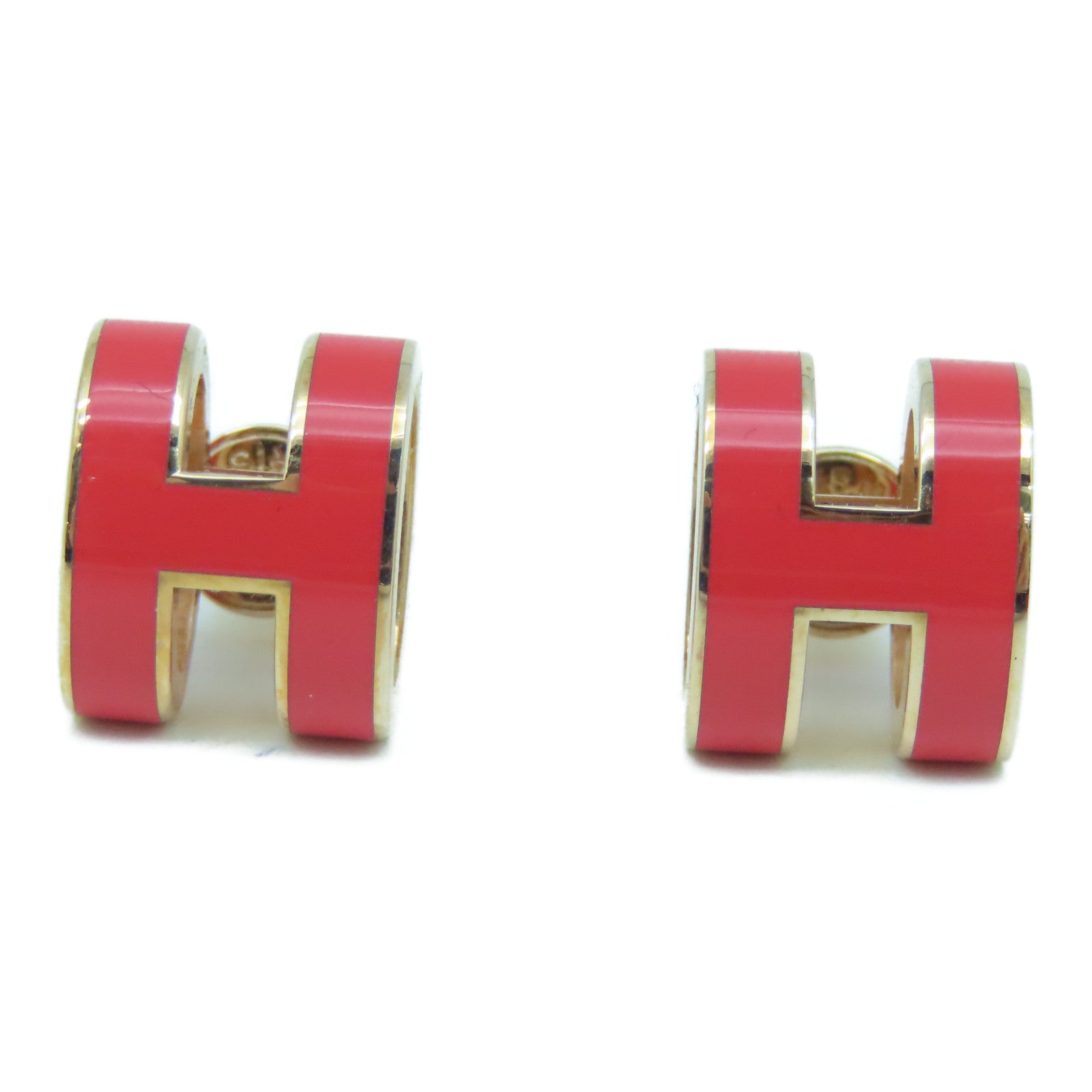 HERMES Metal Earring Pop H Gold Buckle Earrings Orange Red