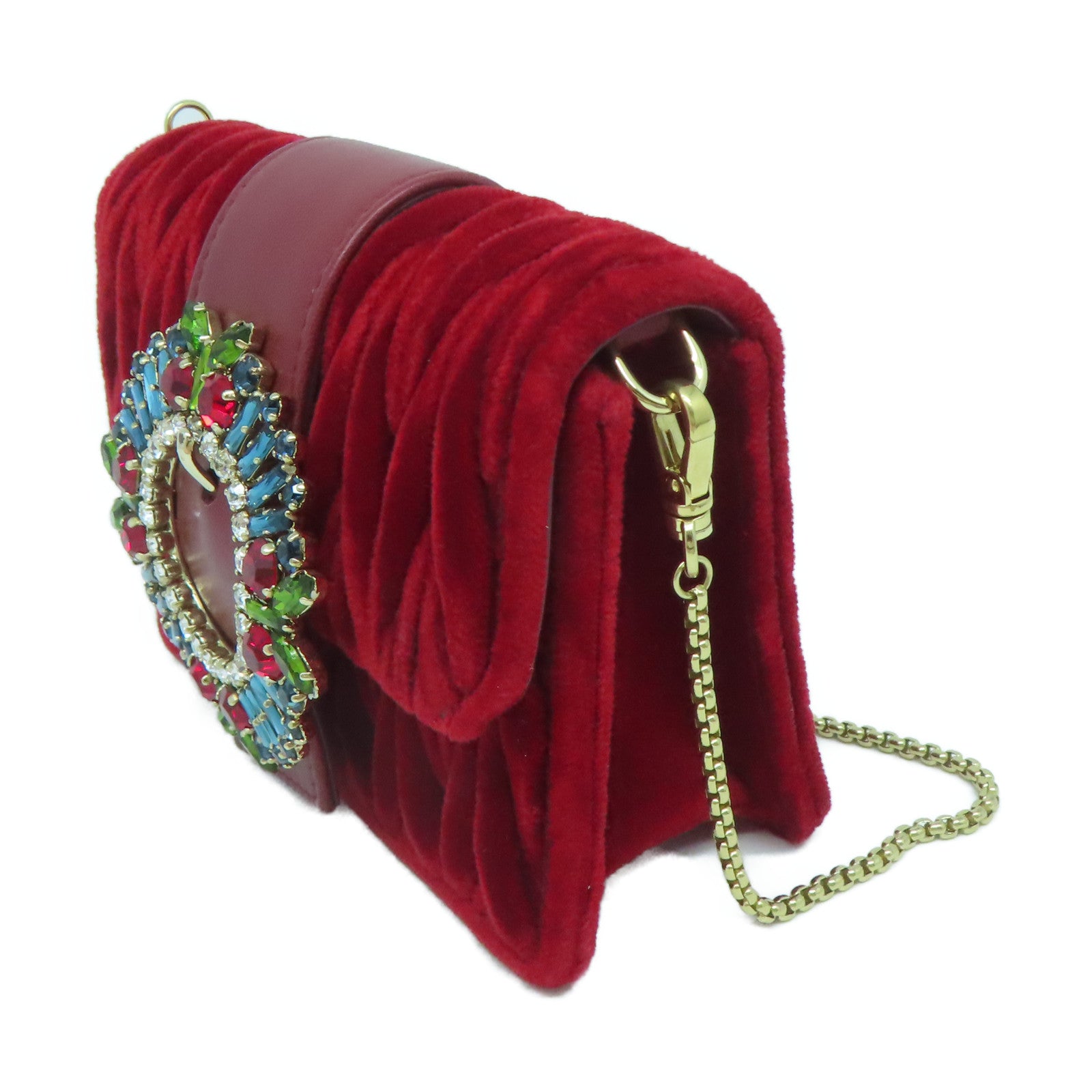 Miu Miu 天鵝絨Chain Shoulder金扣鏈帶肩背袋紅色