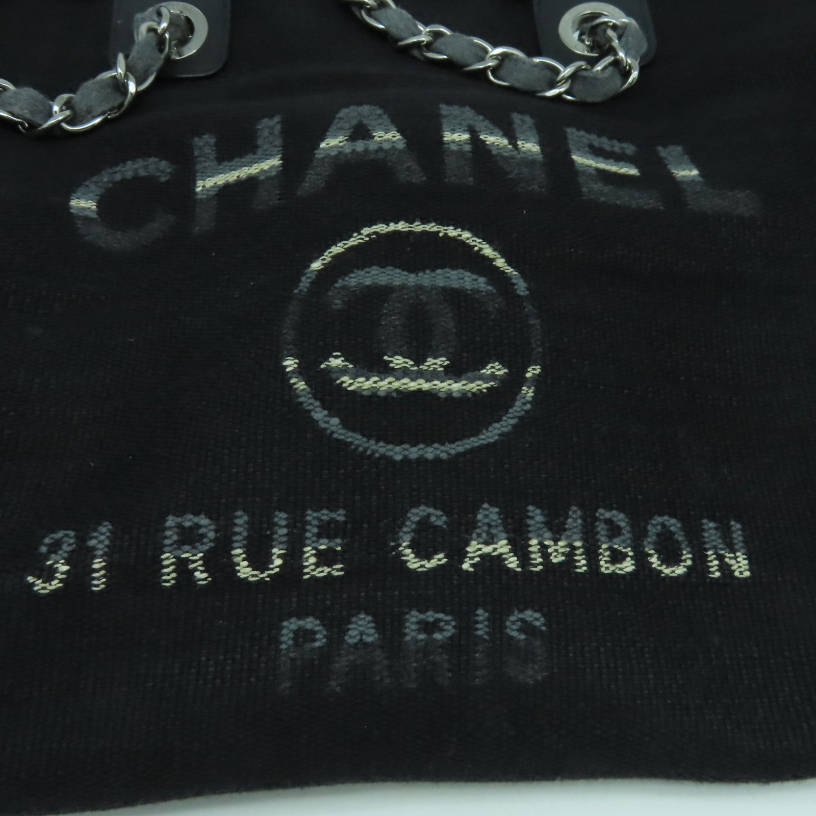 CHANEL 帆布Deanville Tote銀扣手挽肩背兩用袋黑色/灰色
