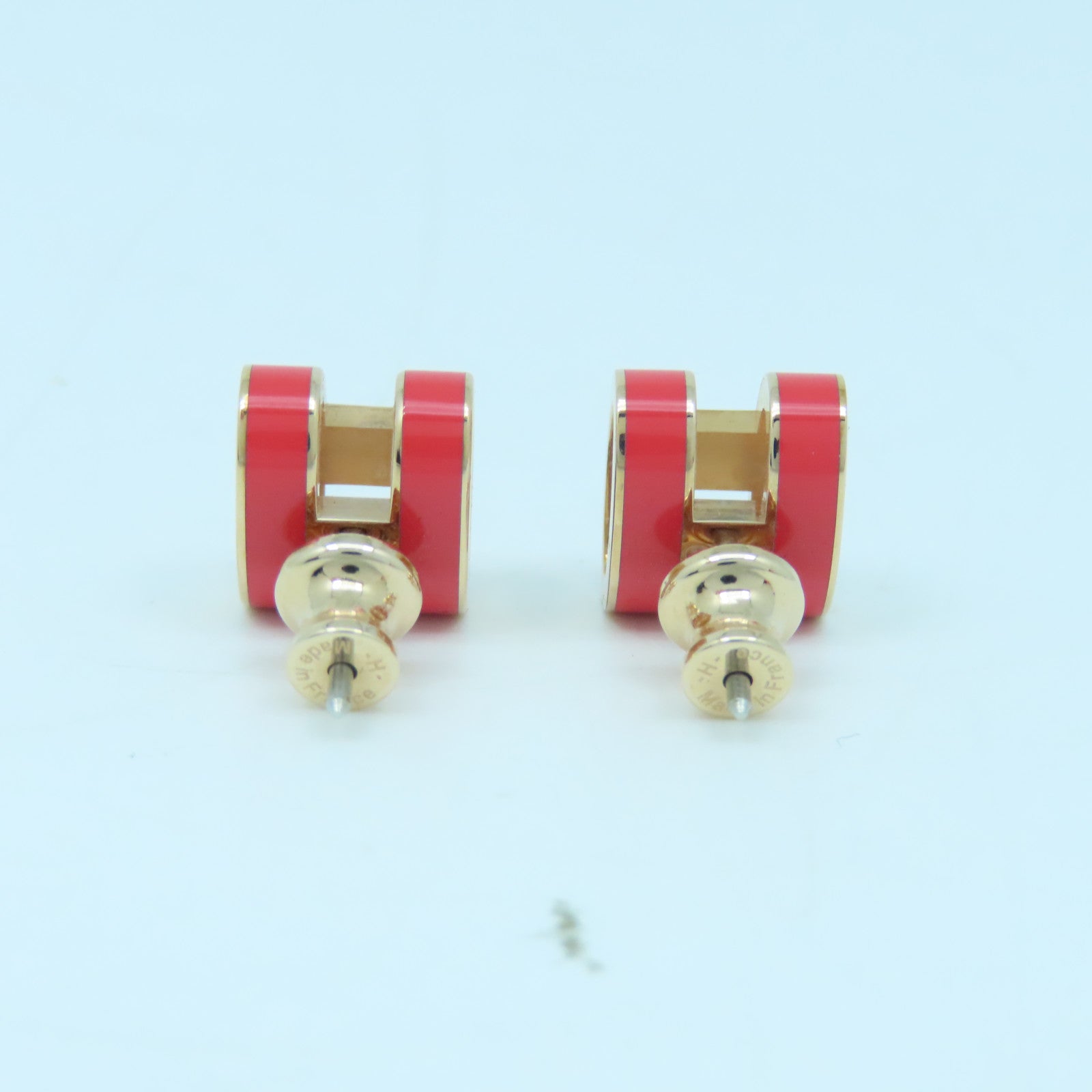 HERMES Metal Earring Pop H Gold Buckle Earrings Orange Red