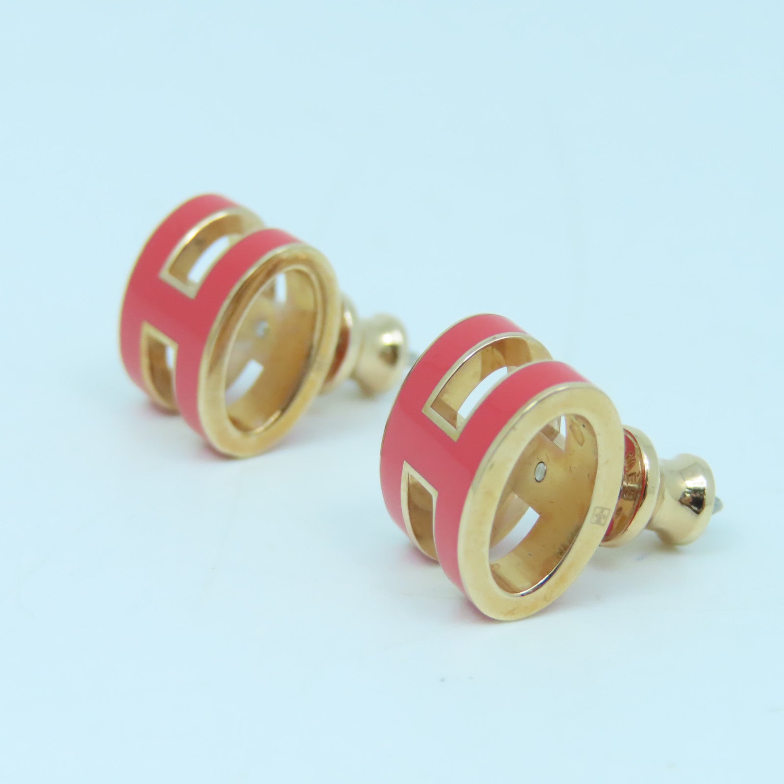 HERMES Metal Earring Pop H Gold Buckle Earrings Orange Red