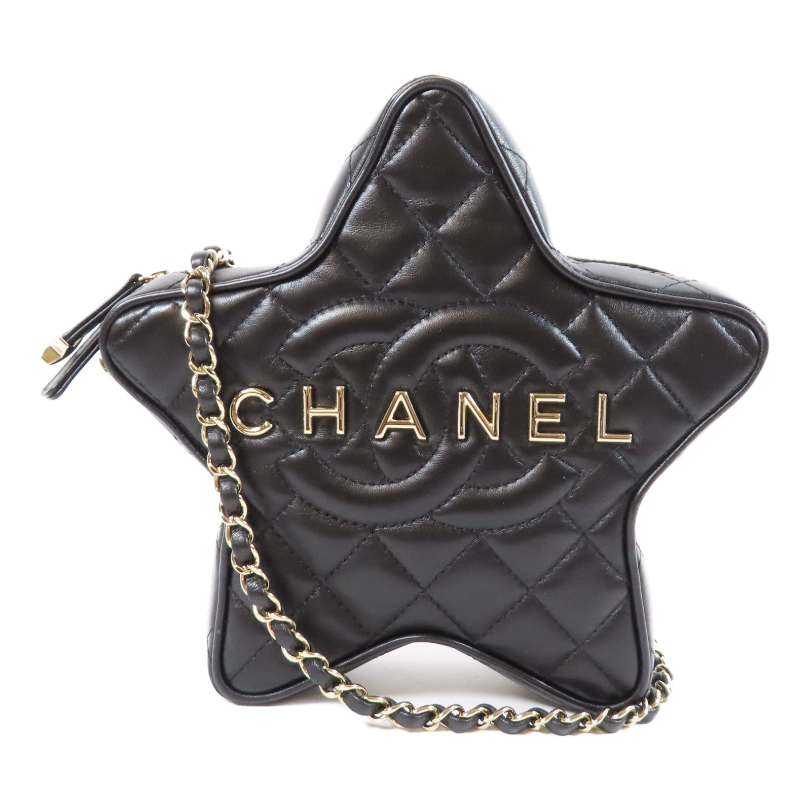 CHANEL 菱格牛皮皮革Star Chain Shoulder Bag銀扣鏈帶肩背袋黑色
