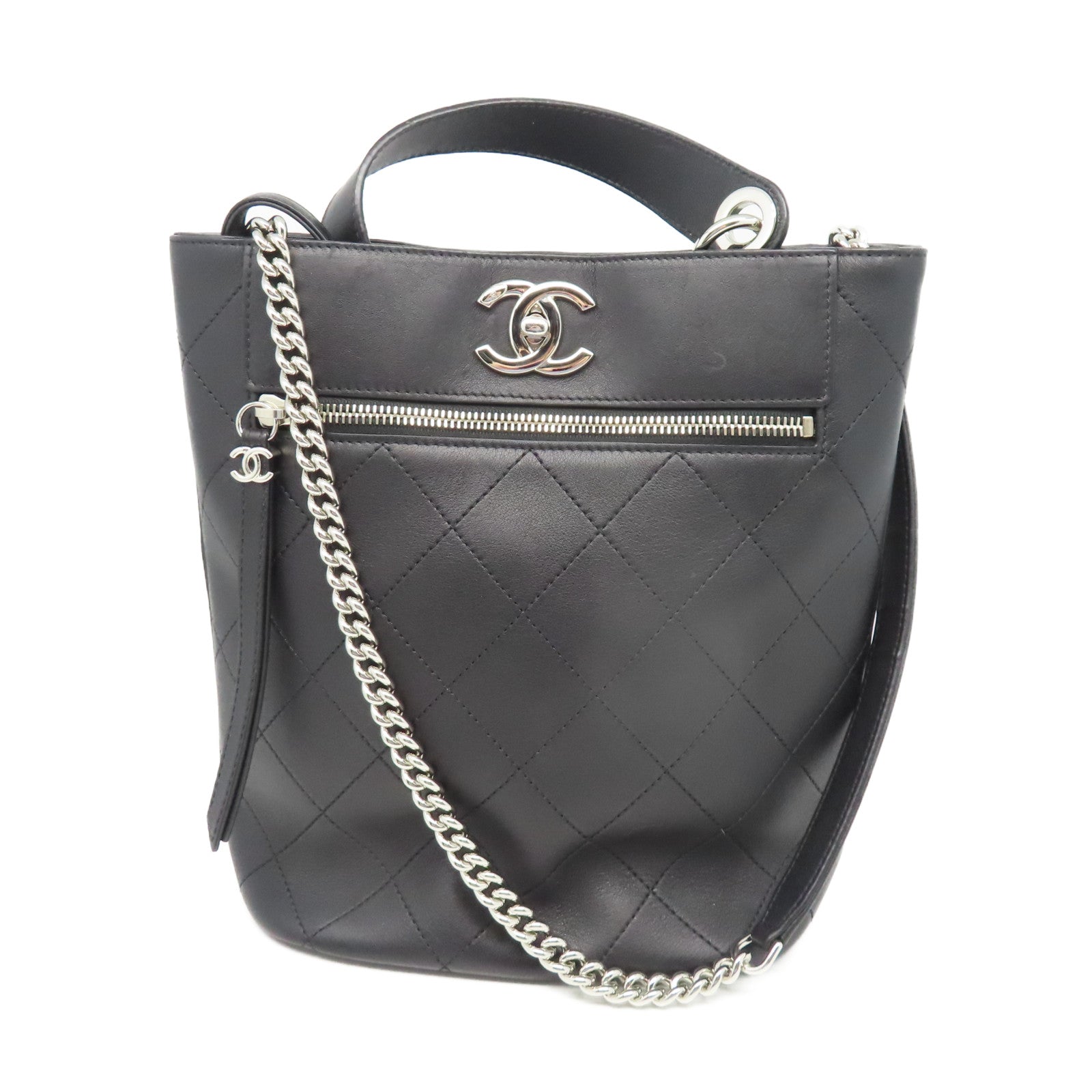 CHANEL 菱格牛皮皮革Chain Shoulder銀扣鏈帶肩背袋黑色