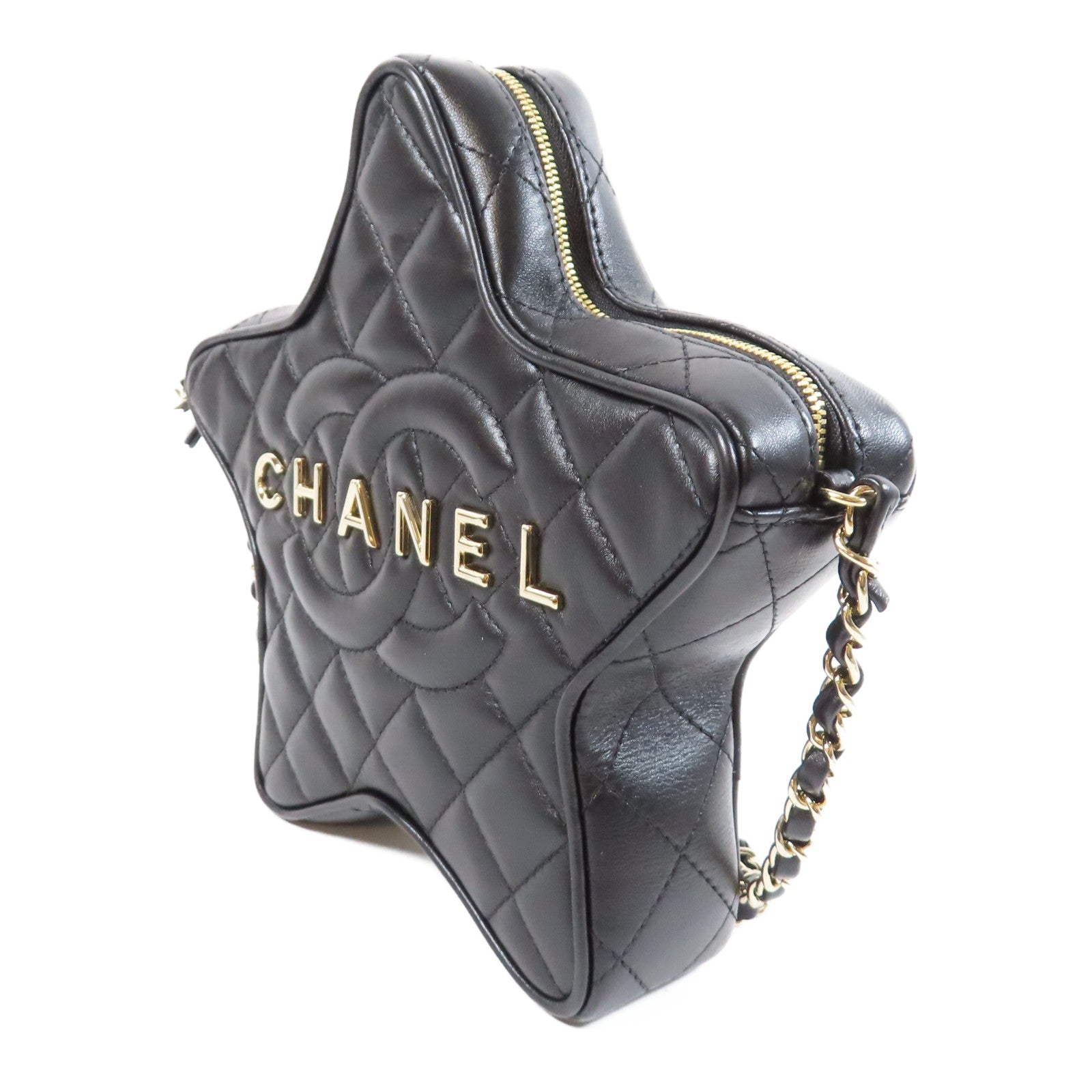 CHANEL 菱格牛皮皮革Star Chain Shoulder Bag銀扣鏈帶肩背袋黑色