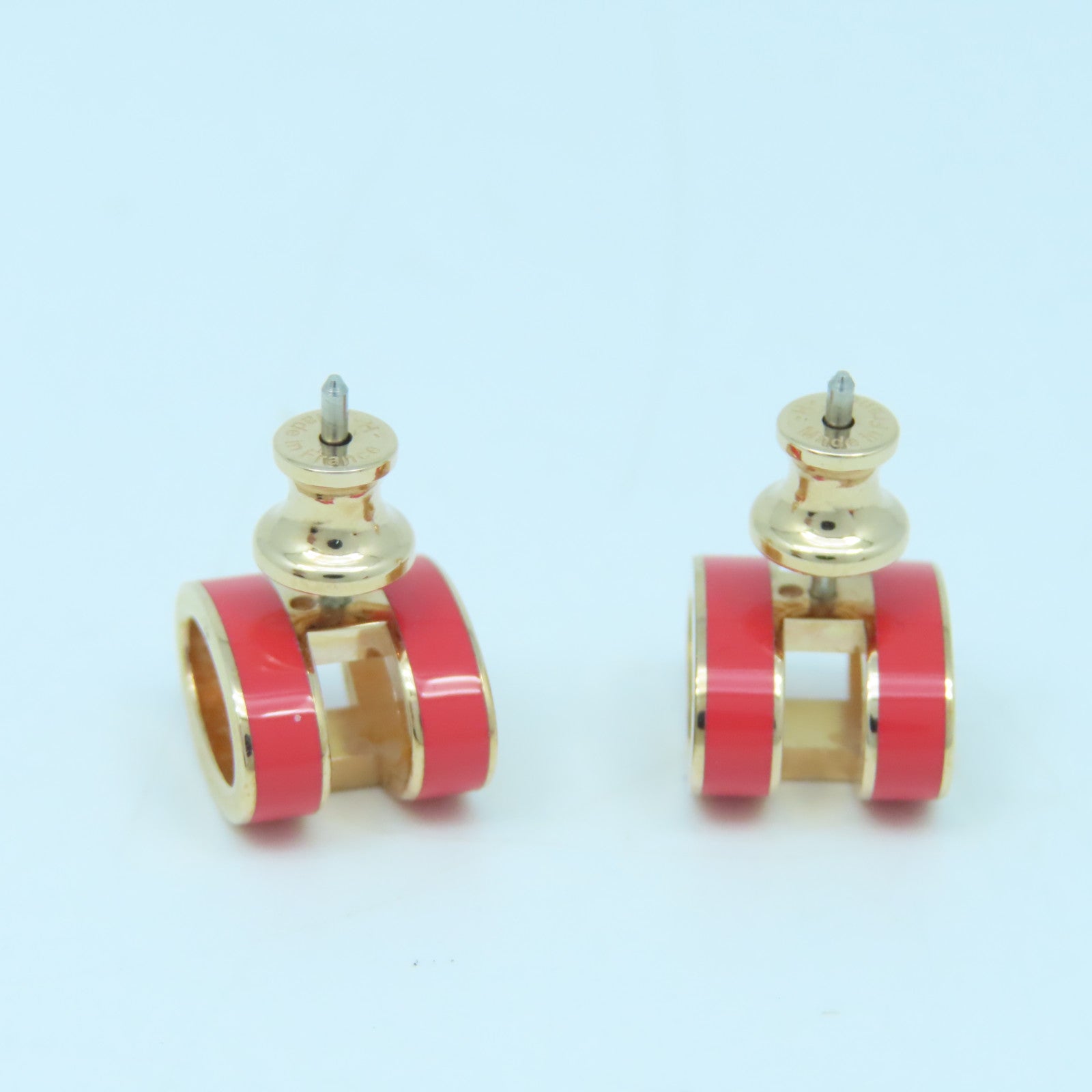 HERMES Metal Earring Pop H Gold Buckle Earrings Orange Red