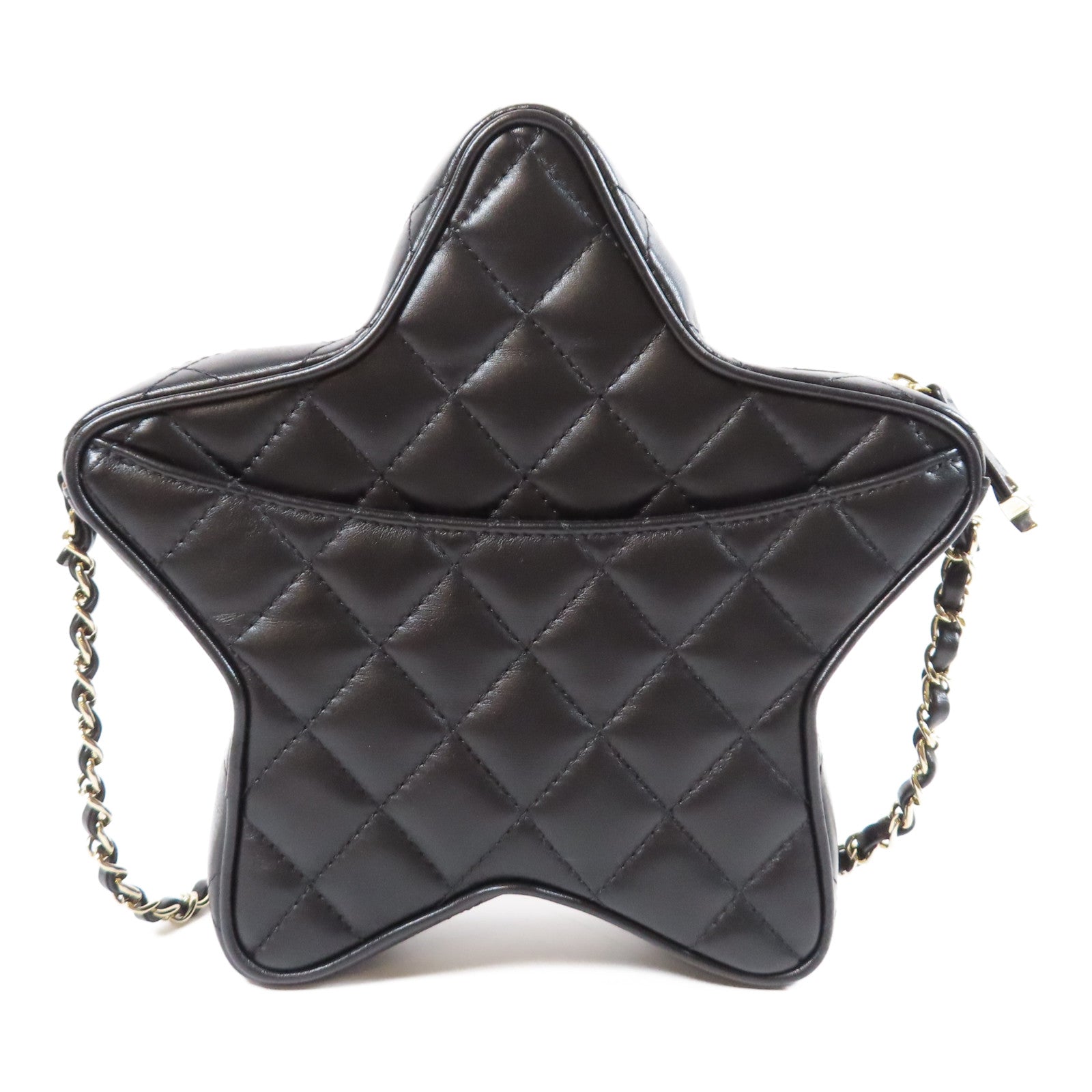 CHANEL 菱格牛皮皮革Star Chain Shoulder Bag銀扣鏈帶肩背袋黑色