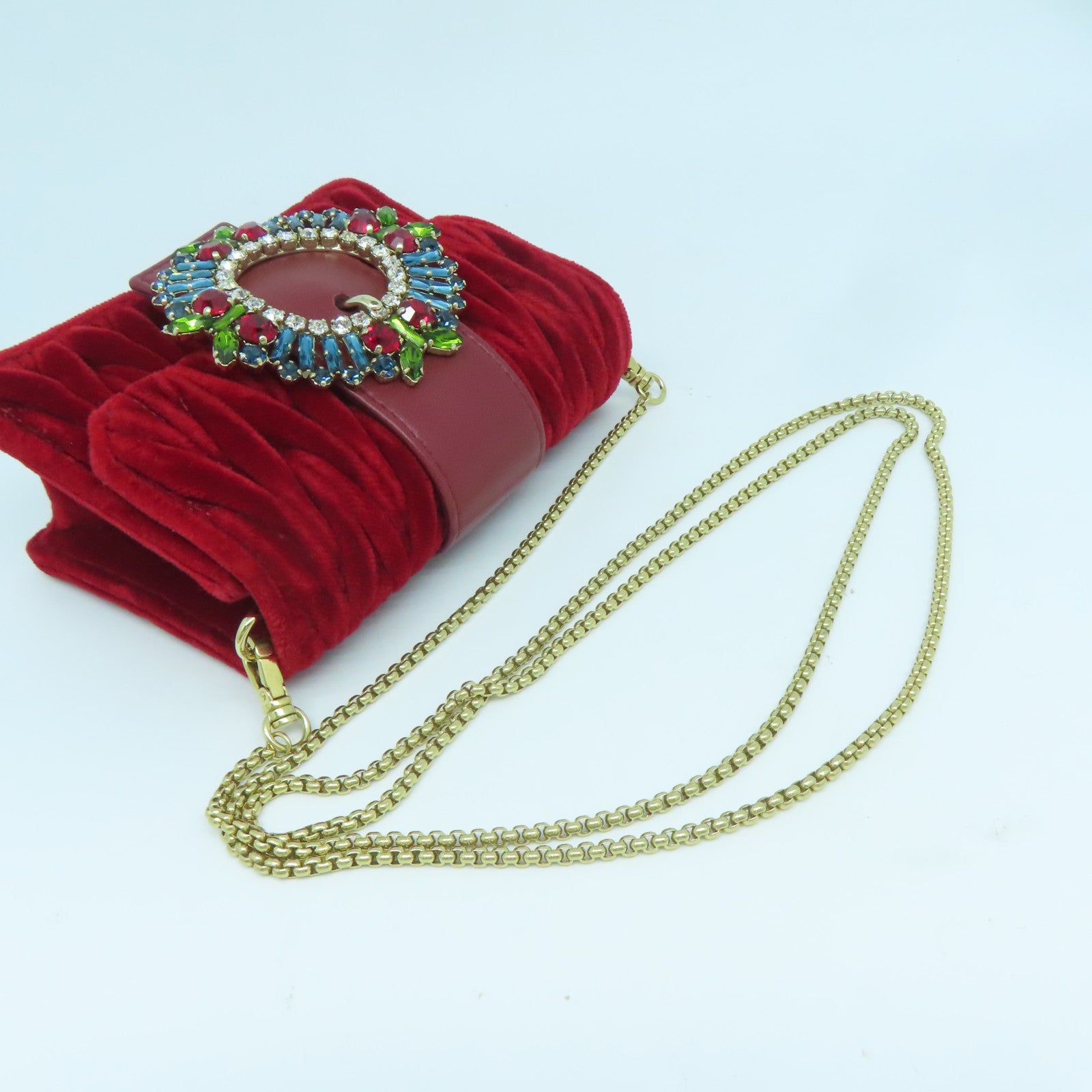 Miu Miu 天鵝絨Chain Shoulder金扣鏈帶肩背袋紅色