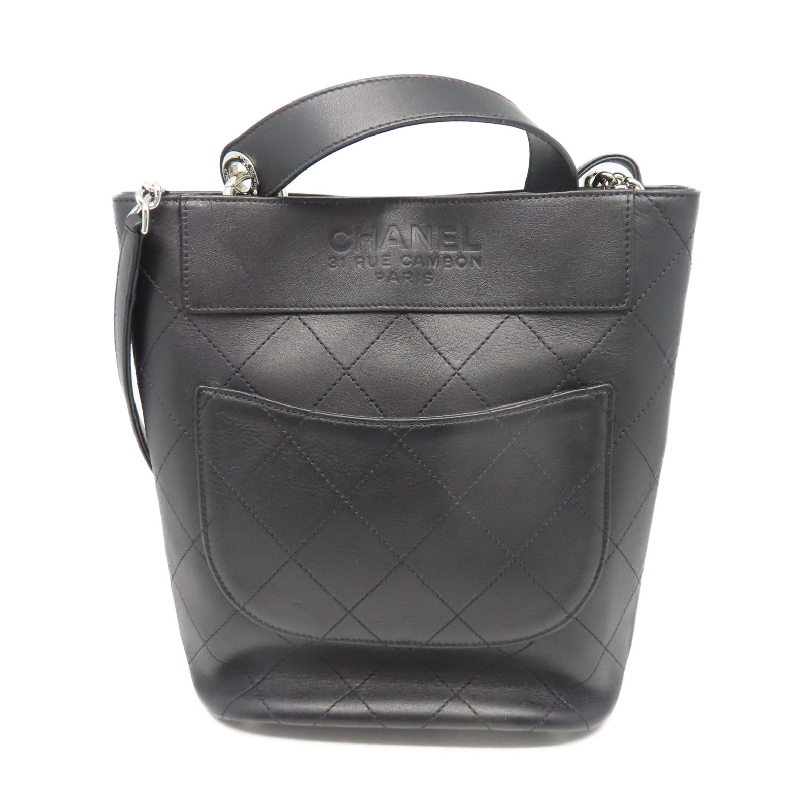 CHANEL 菱格牛皮皮革Chain Shoulder銀扣鏈帶肩背袋黑色