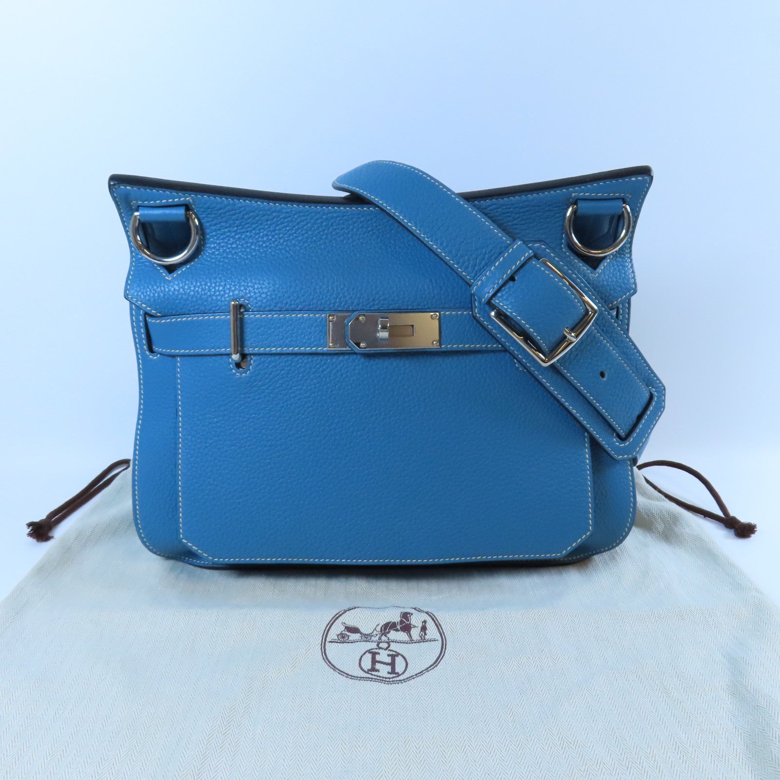 HERMES Togo皮革Jypsiere 28銀扣肩背袋Bleu Jean牛仔藍色