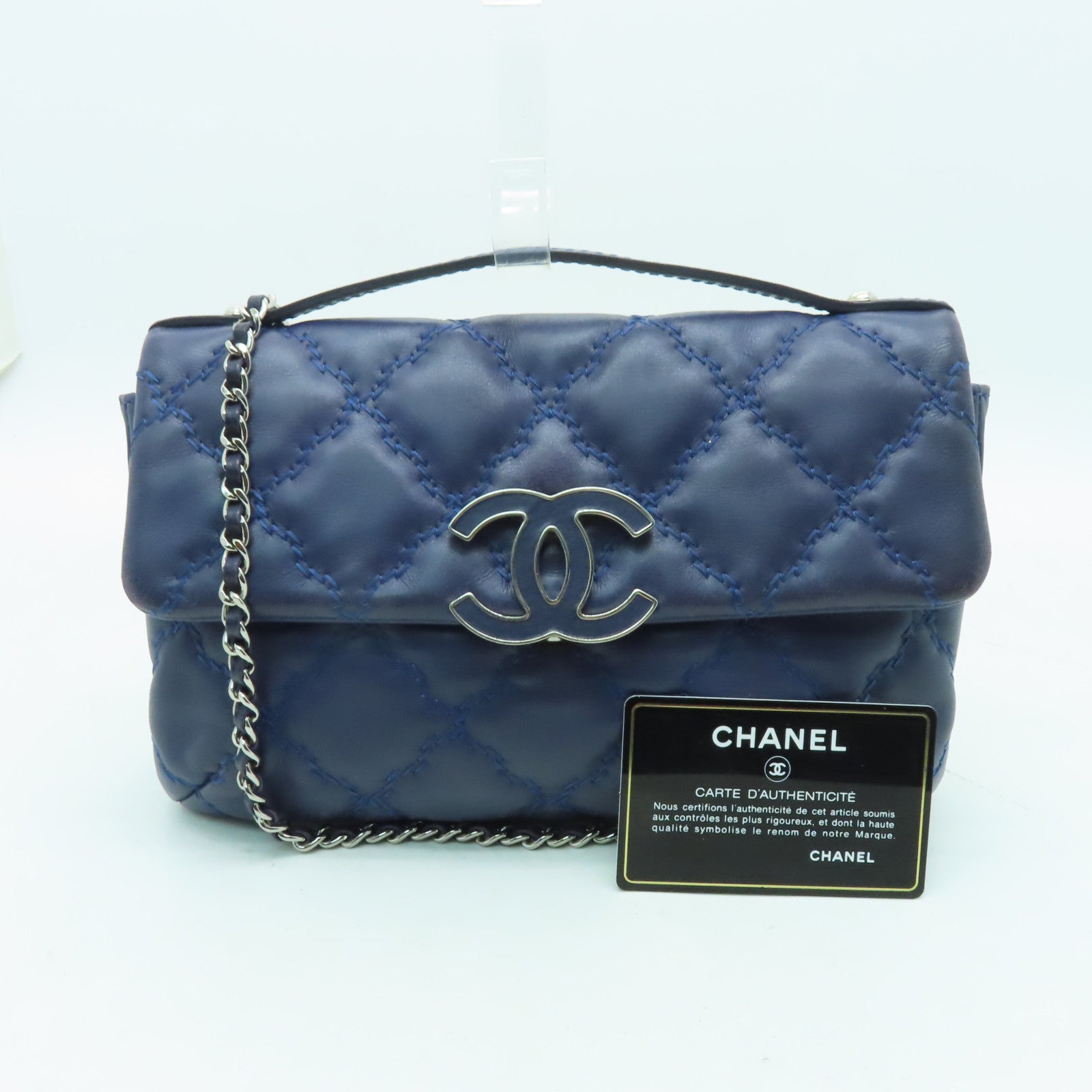 CHANEL 菱格牛皮皮革Hamptons Clutch銀扣手挽肩背兩用袋藍色