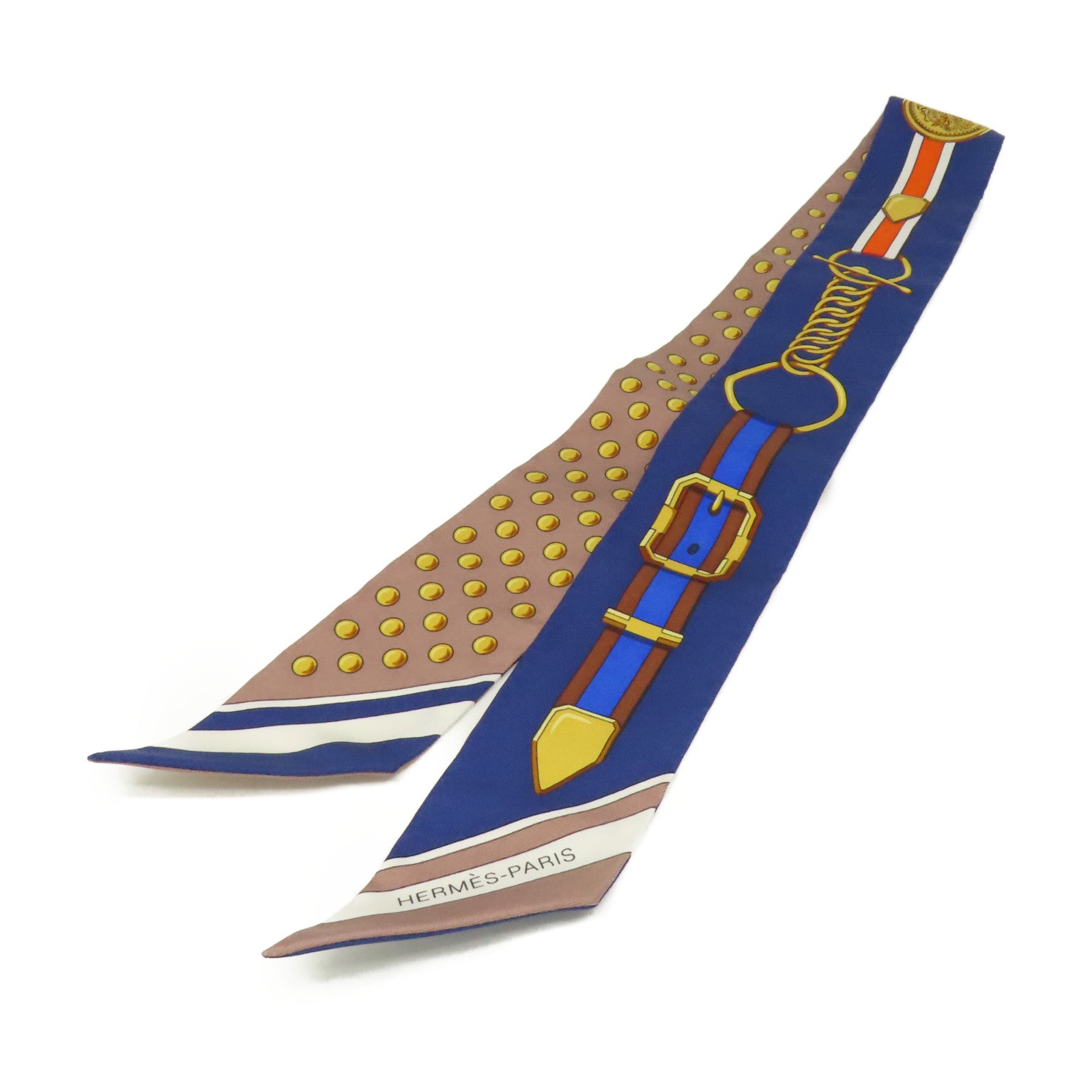 HERMES 絲質Twilly Scarf絲巾藍色/金色/彩色