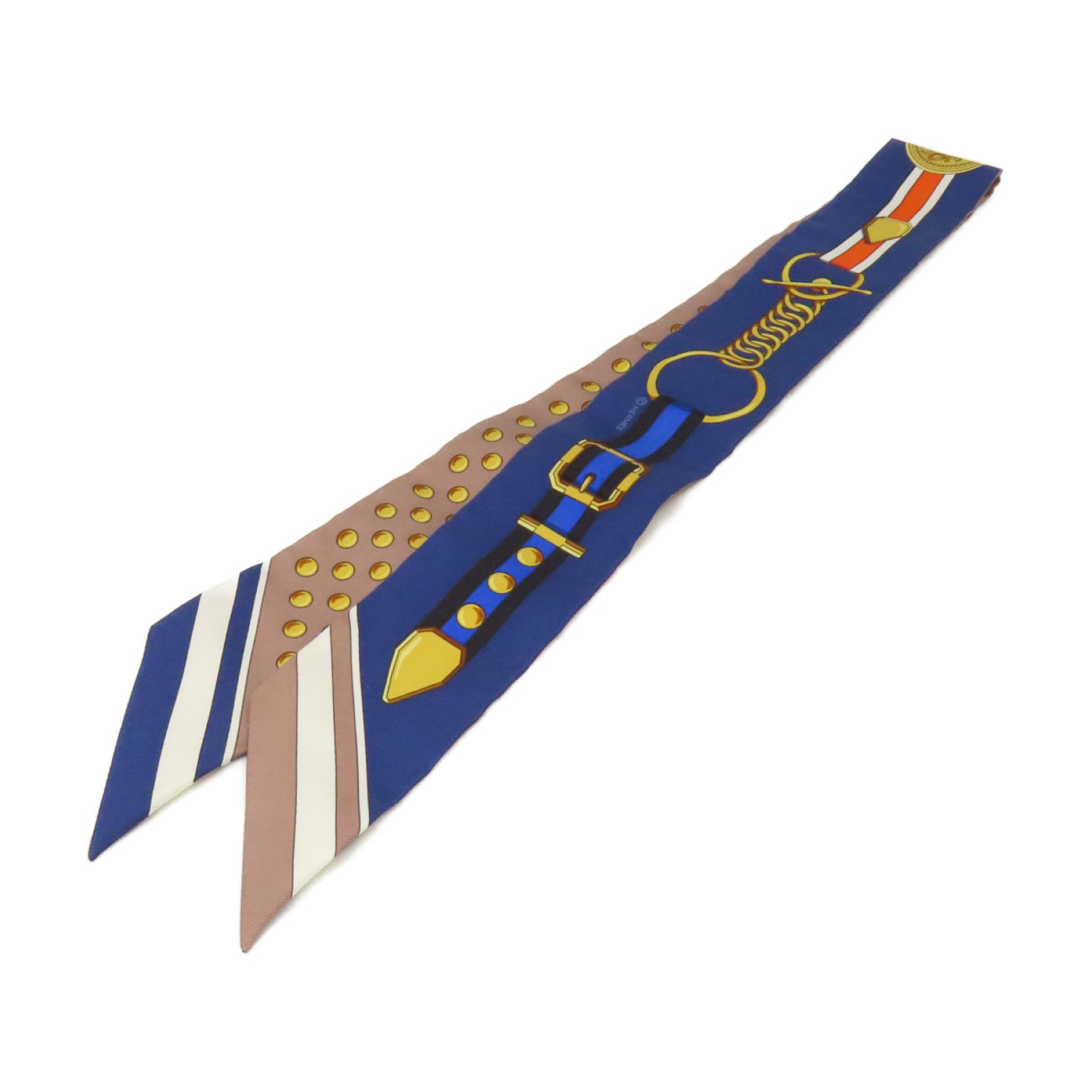 HERMES 絲質Twilly Scarf絲巾藍色/金色/彩色